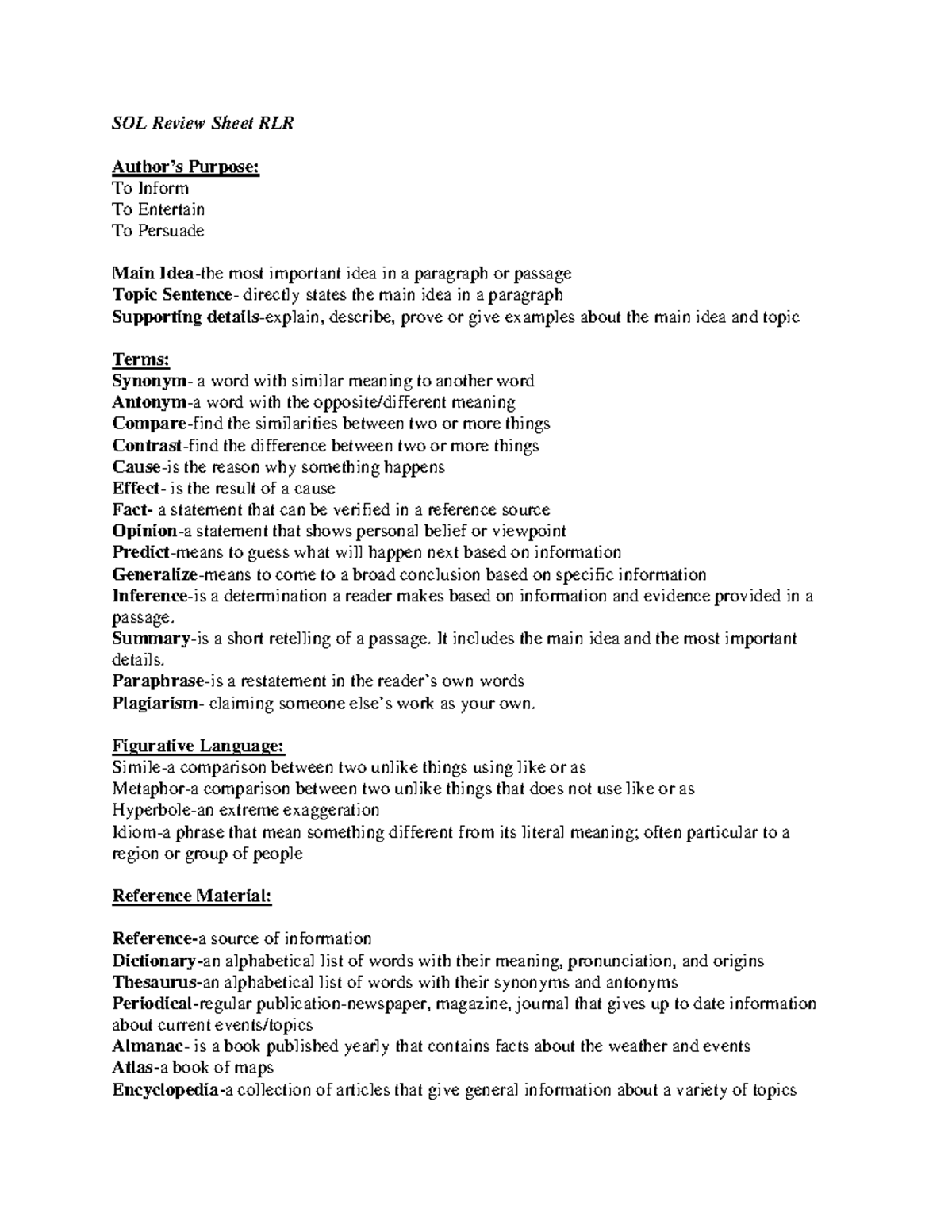 English SOL Review Sheet RLR: Key Concepts and Language Terms - Studocu