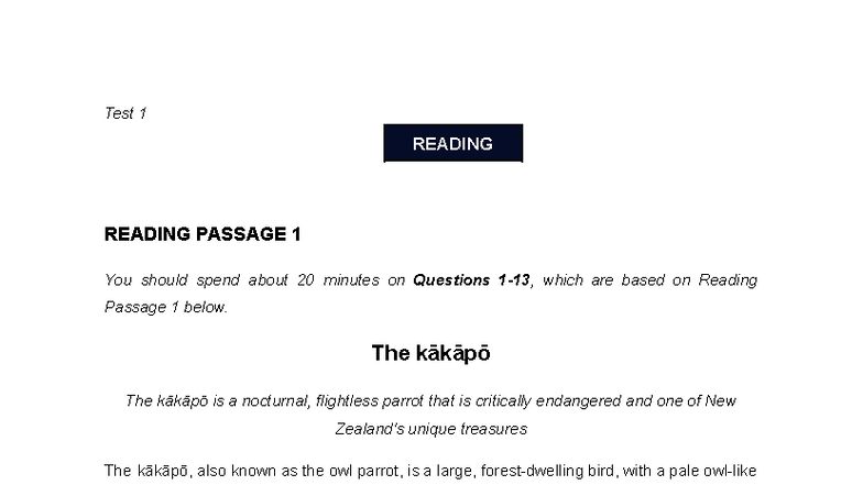 Test 1 Reading Passage Analysis and Questions - Studocu