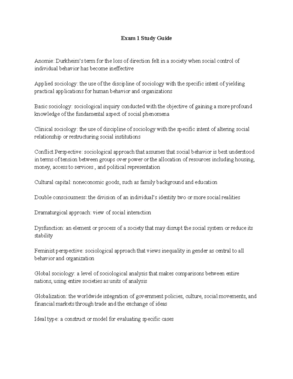 Sociology 101: Exam 1 Comprehensive Study Guide - Studocu