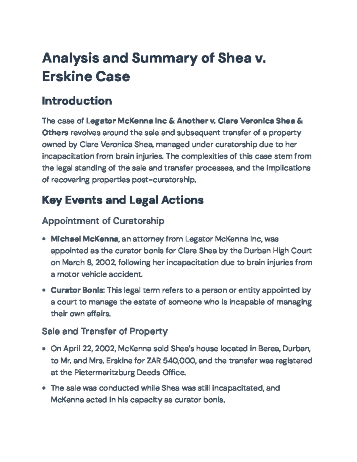Analysis of the Shea v. Erskine Property Transfer Case (Law 301 ...