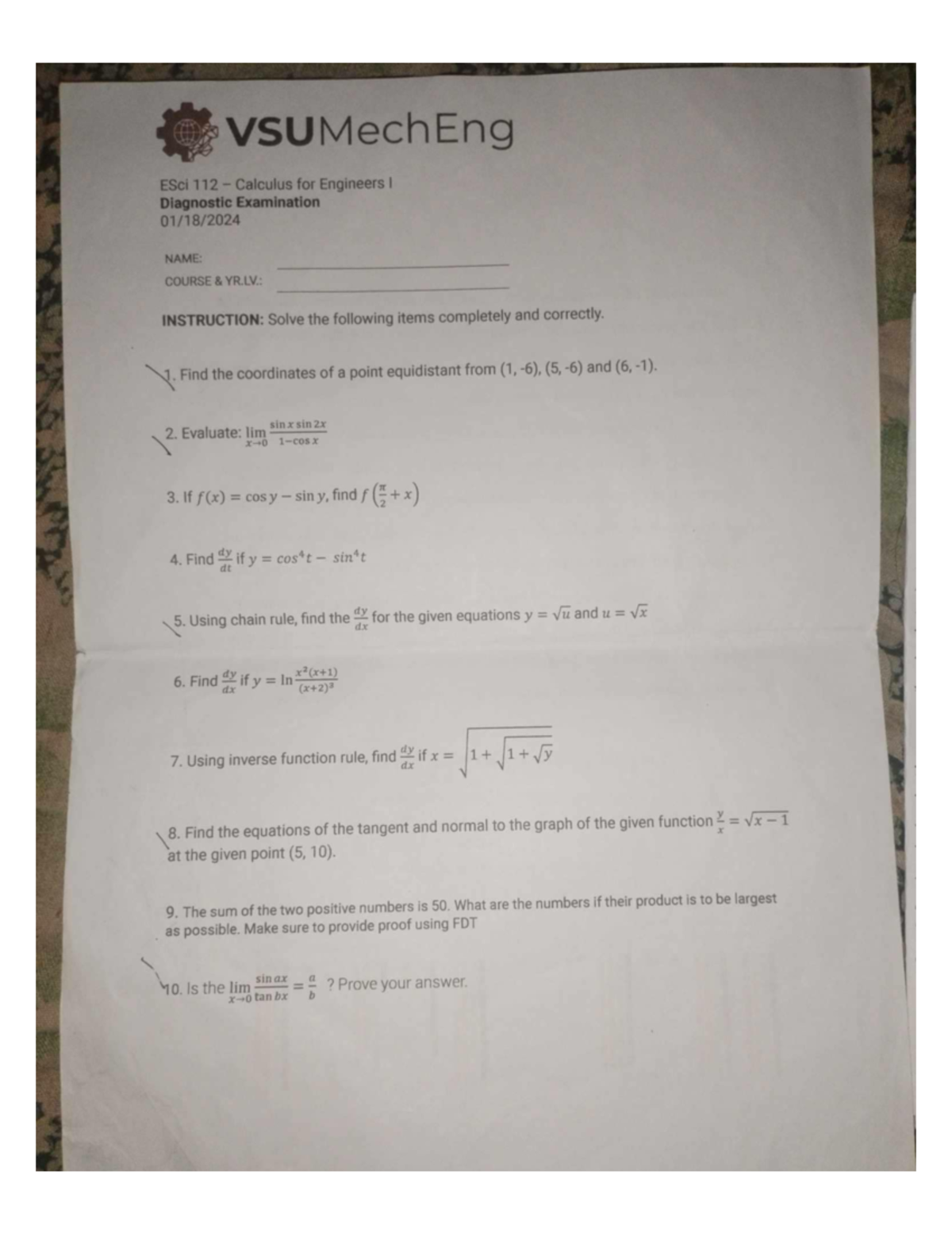 ESci 112 Calculus for Engineers I - Practice Problems for Midterm Exam ...