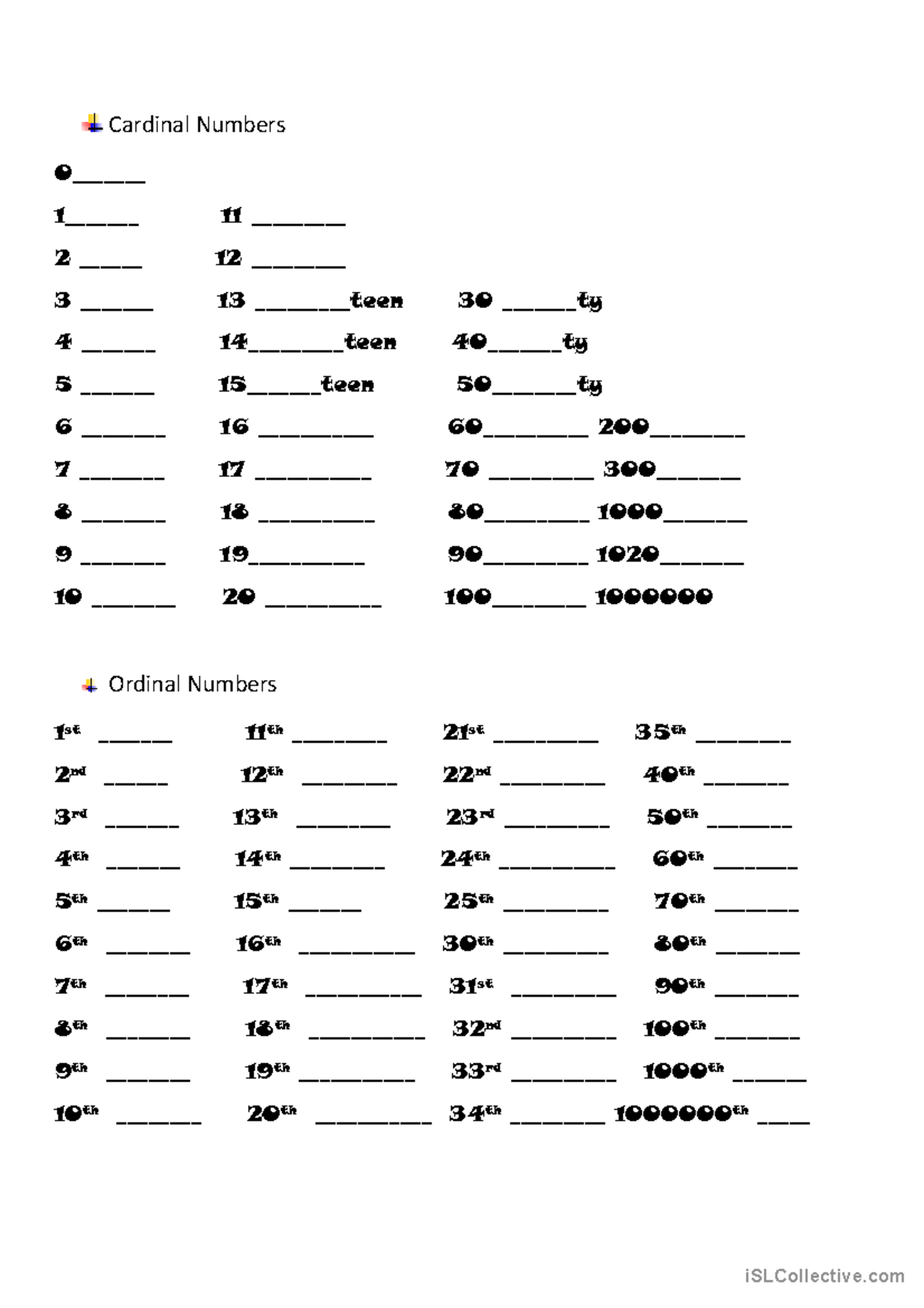 Cardinal and ordinal numbers - Cardinal Numbers 0_______ 1_______ 11 ...