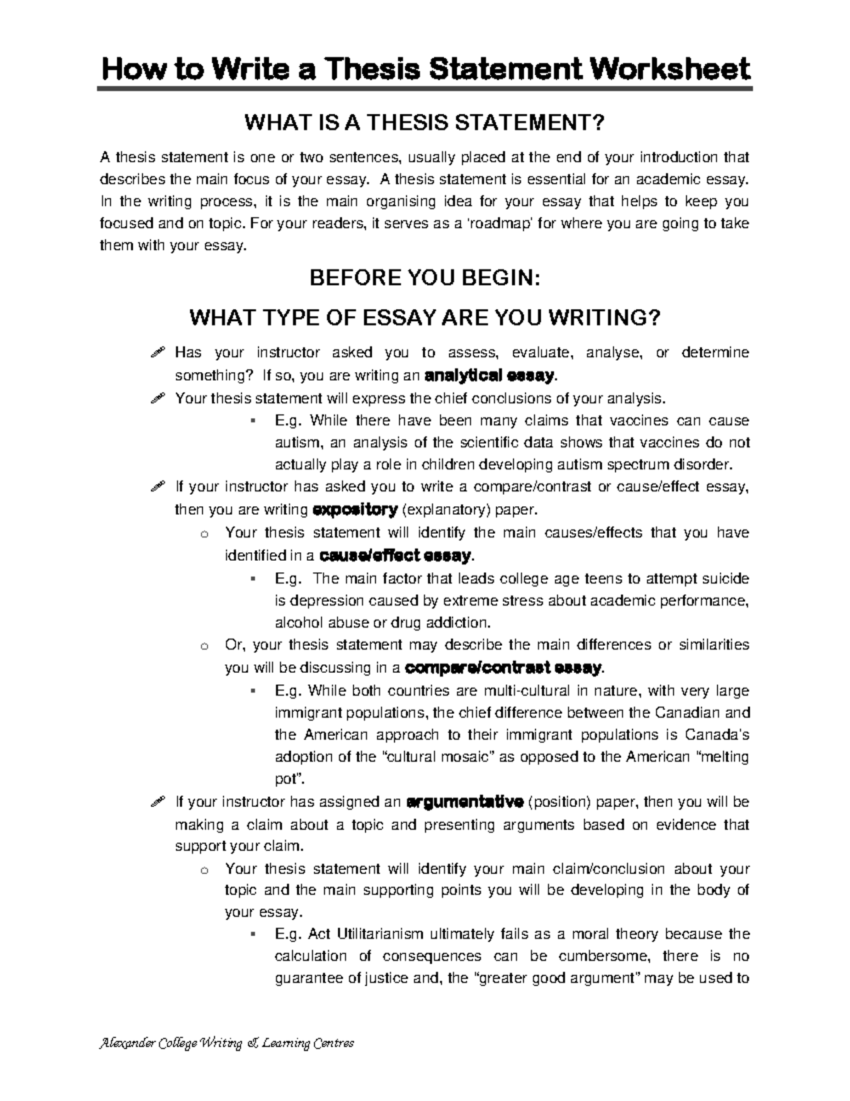 Writing Guide Thesis Statement Worksheet For Effective Essays