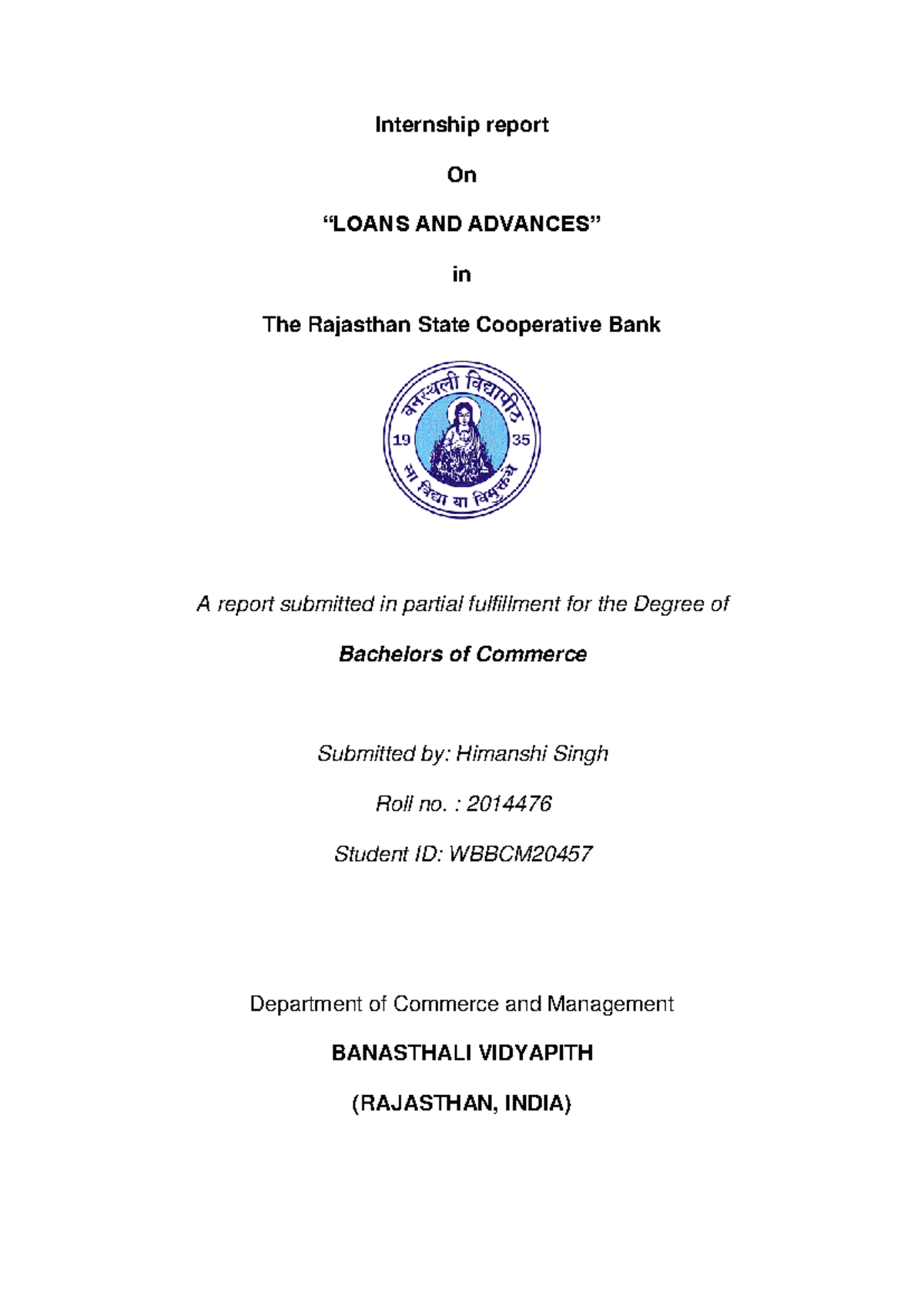 Internship Report on Loans & Advances at Rajasthan State Cooperative ...