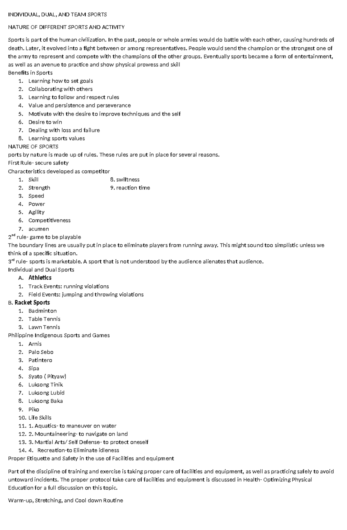 Individual Sports Overview - HOPE 2 - Studocu