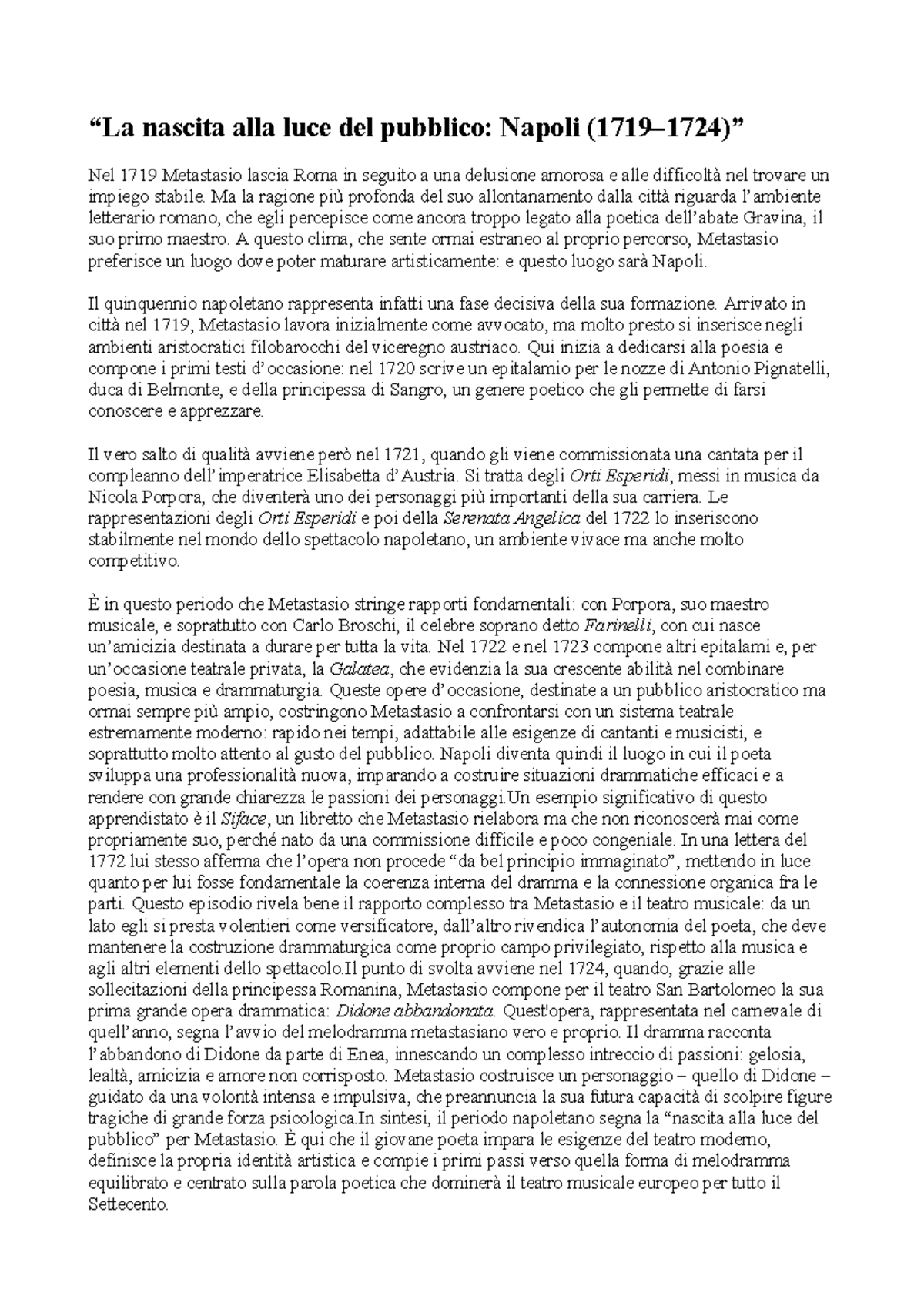 Metastasio: Riassunto del Periodo Napoletano (1719-1724) - Studocu