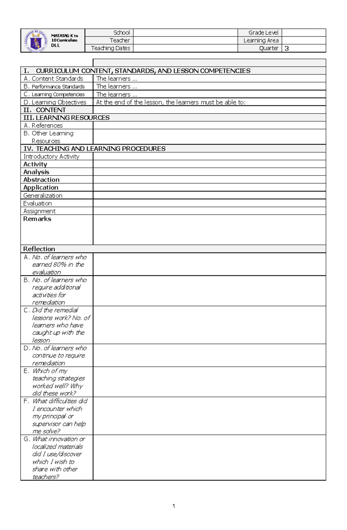 Demo - DLP - I. Curriculum Content, Standards, and Lesson Competencies ...
