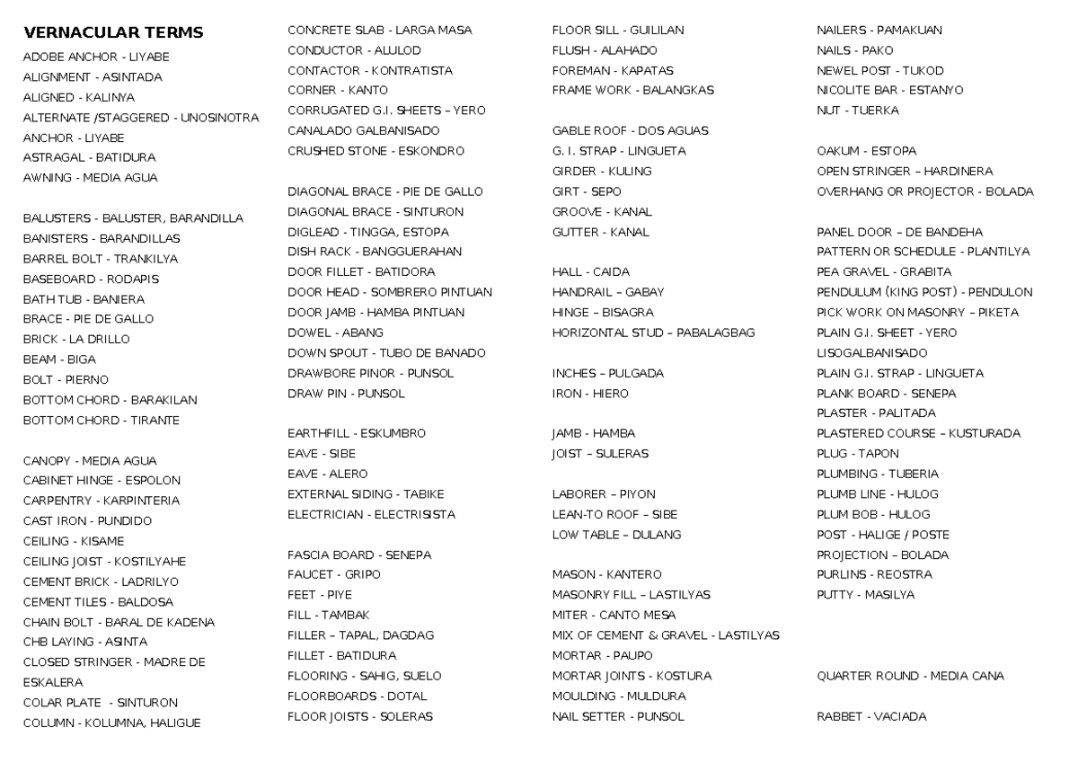 Filipino Construction Terms: A Glossary of Key Vernacular Vocabulary ...