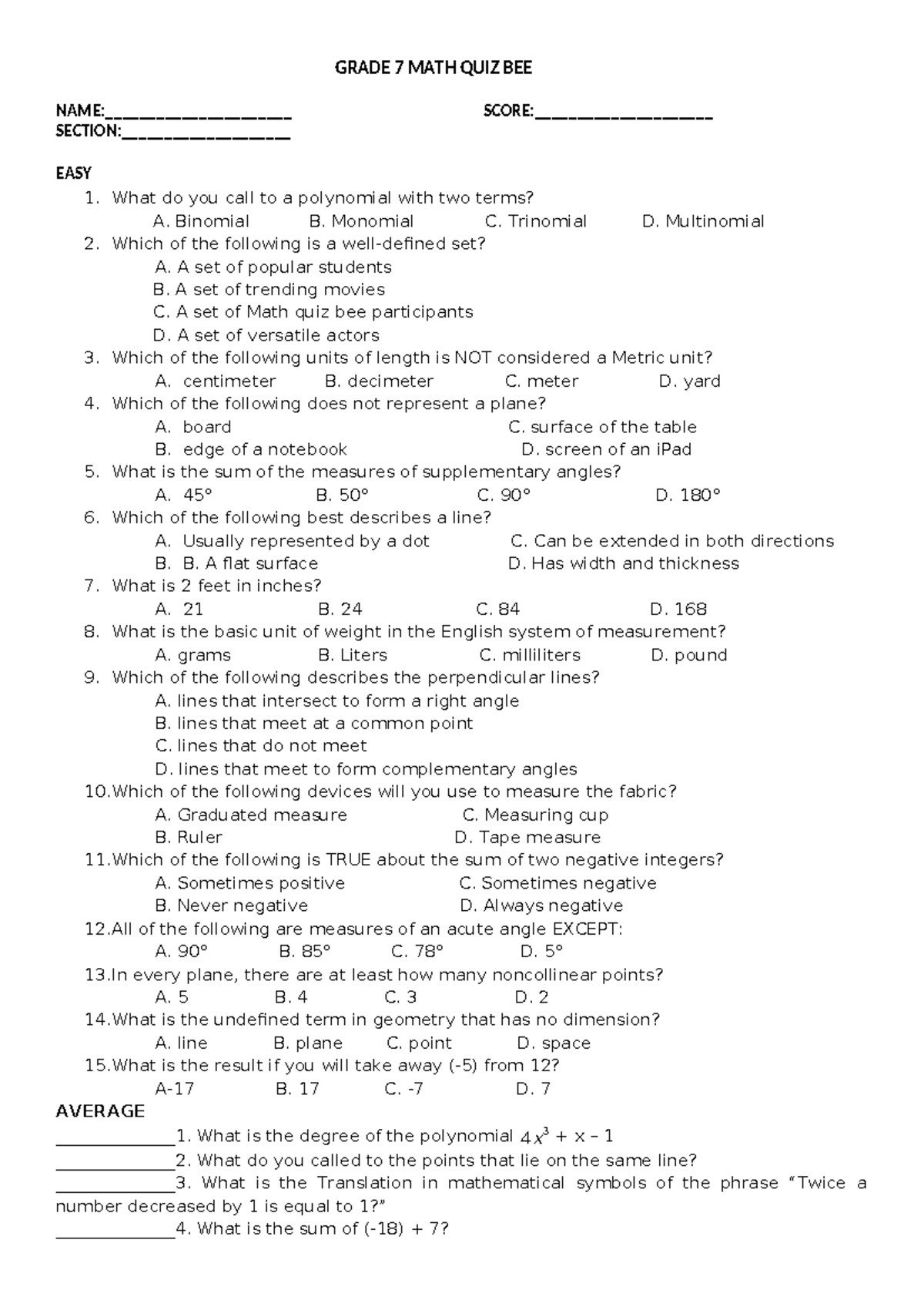 Grade 7 MATH QUIZ BEE - Comprehensive Assessment Questions - Studocu