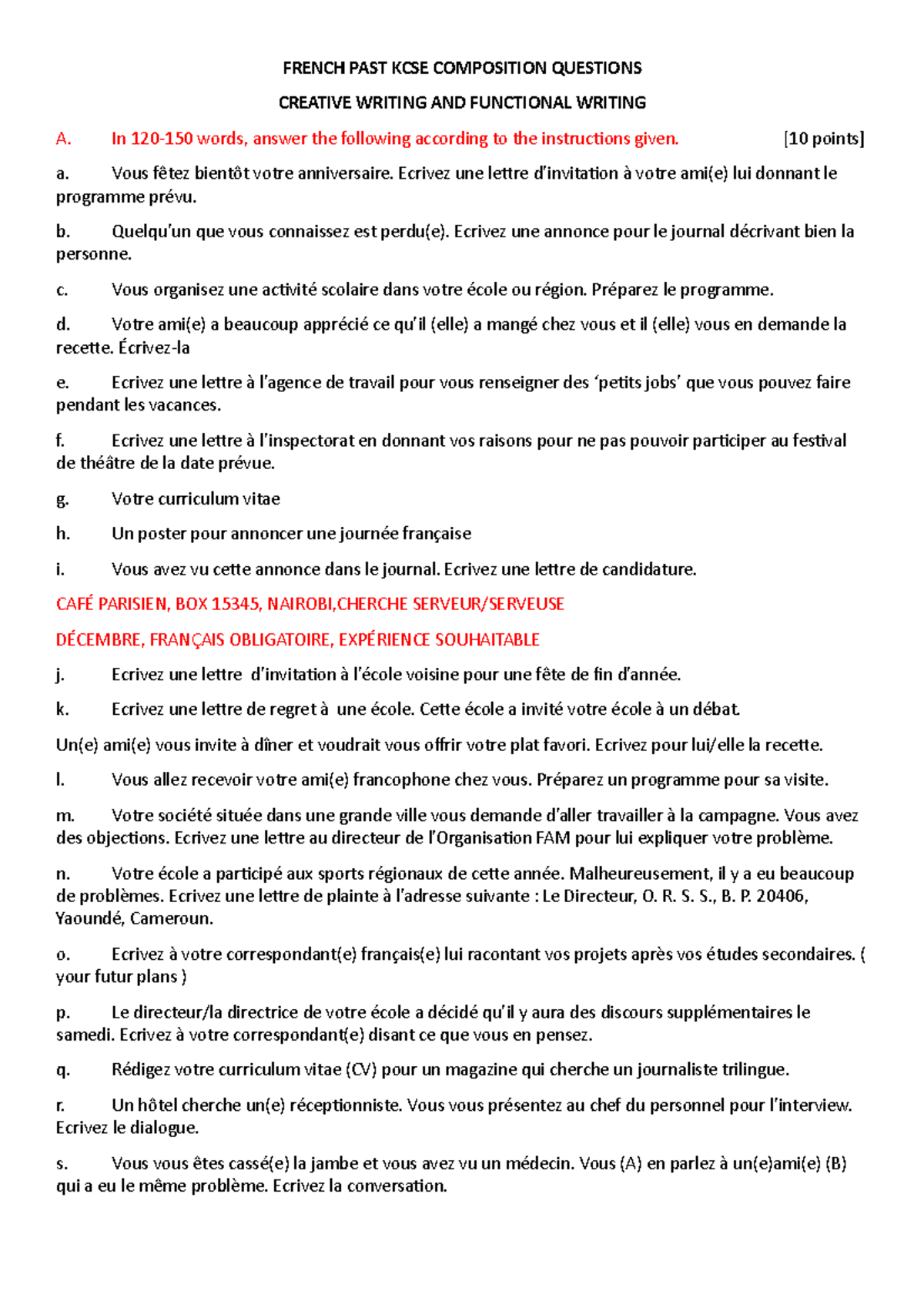 PAST KCSE Composition Questions - FRENCH PAST KCSE COMPOSITION ...