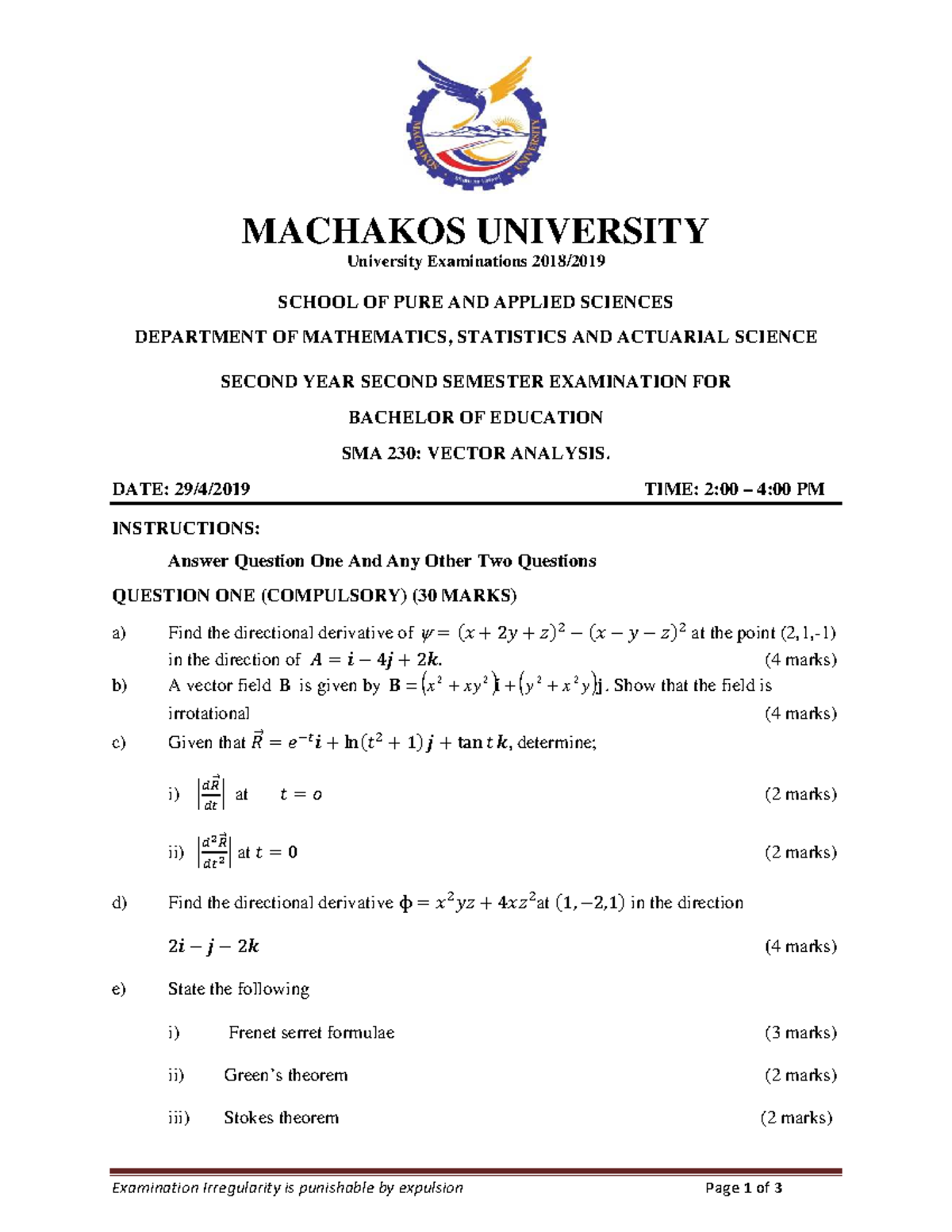SMA 230: Vector Analysis Revision Papers for Exam Preparation - Studocu