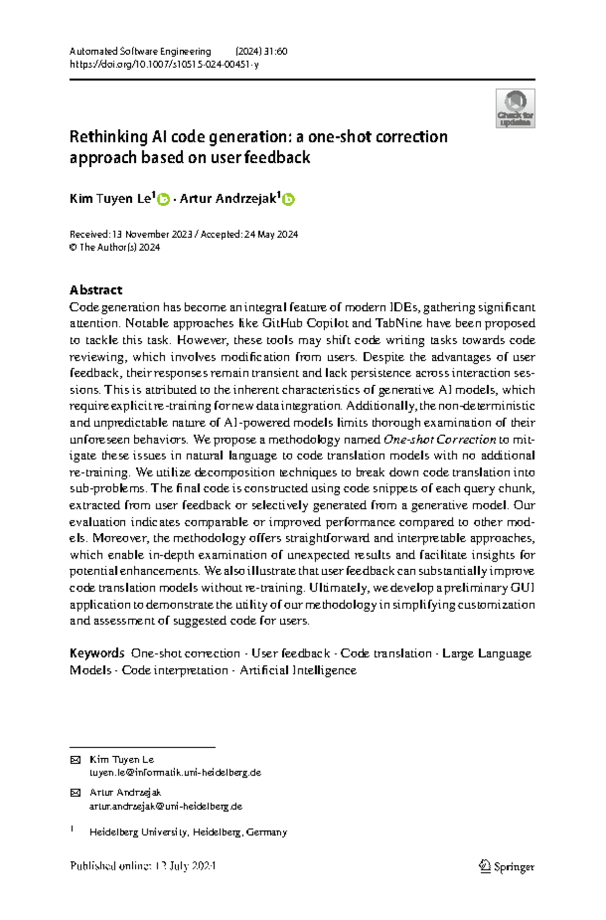 Automated Software Engineering (2024) 31:60 - Enhancing AI Code ...