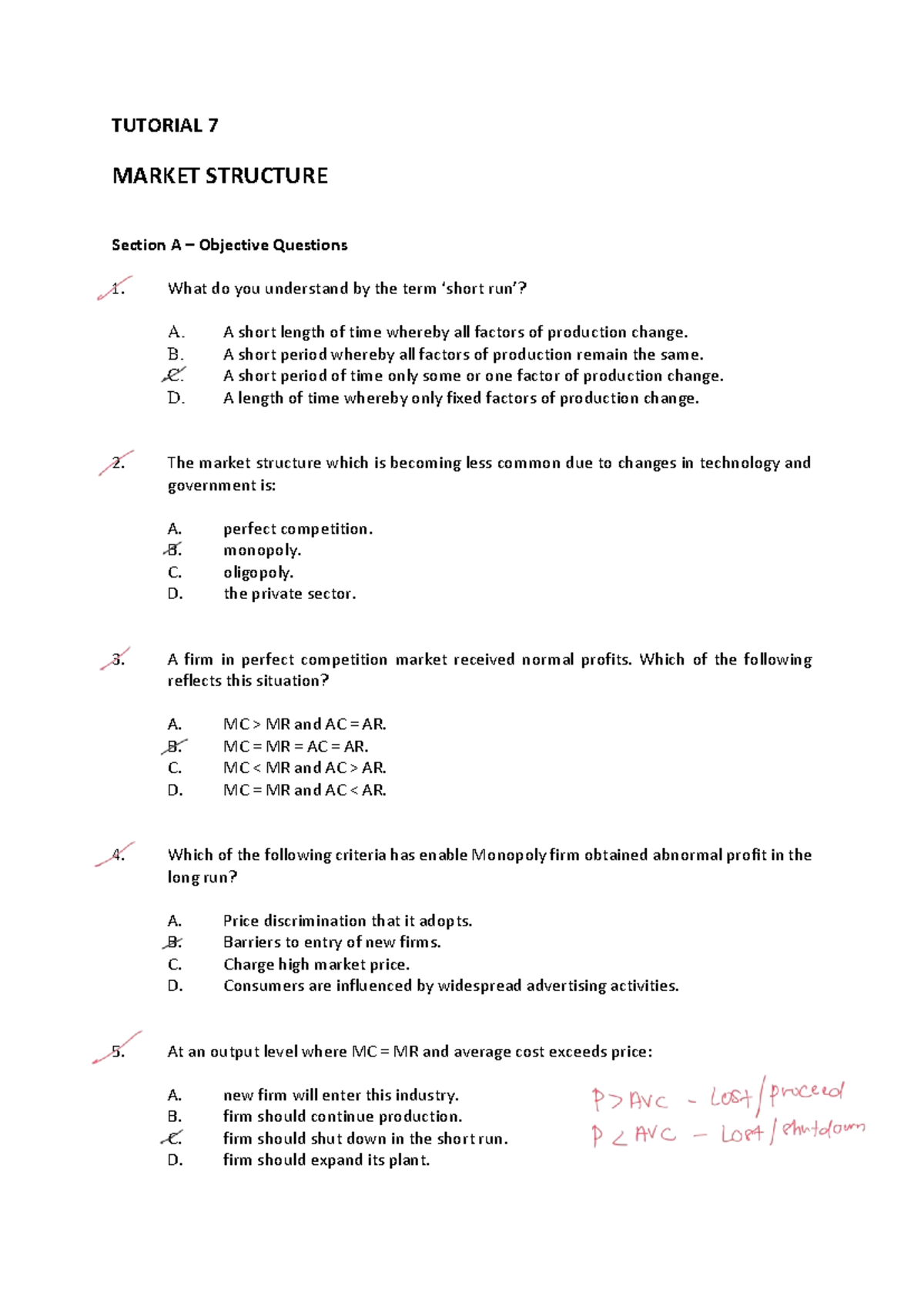 Tutorial 7: Market Structure Objective Questions & Answers - Studocu