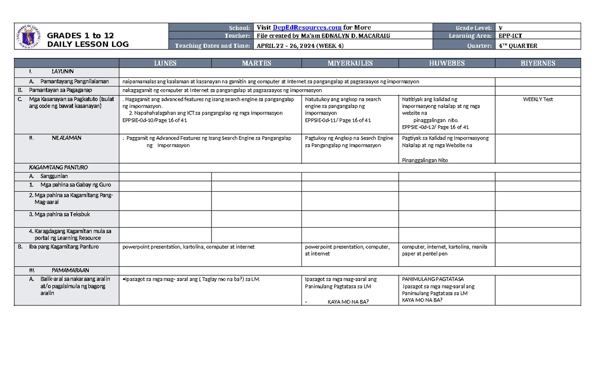 DLL EPP 5 Q4 W2 - practice materials - GRADES 1 to 12 DAILY LESSON LOG ...
