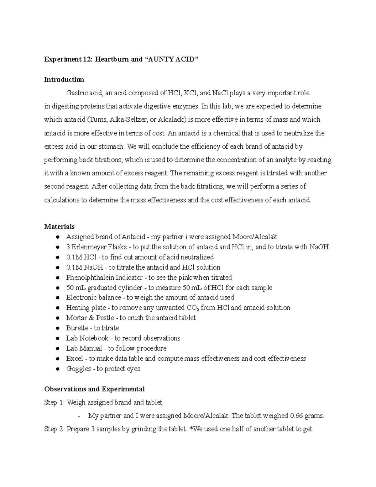 Lab 12 - lab report for experiment 12 - Experiment 12: Heartburn and ...