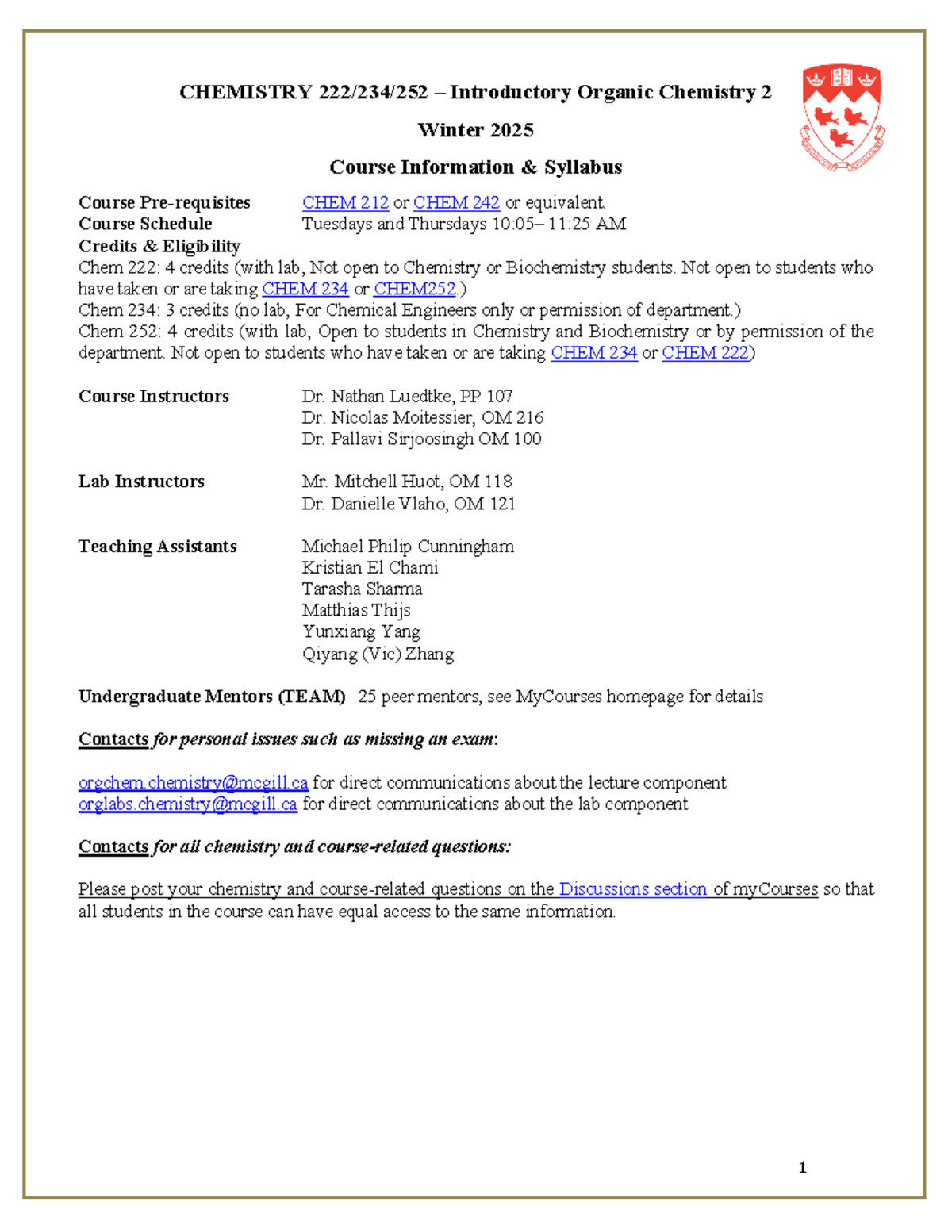 CHEM 222/234/252 Winter 2025 Course Syllabus & Overview - Studocu