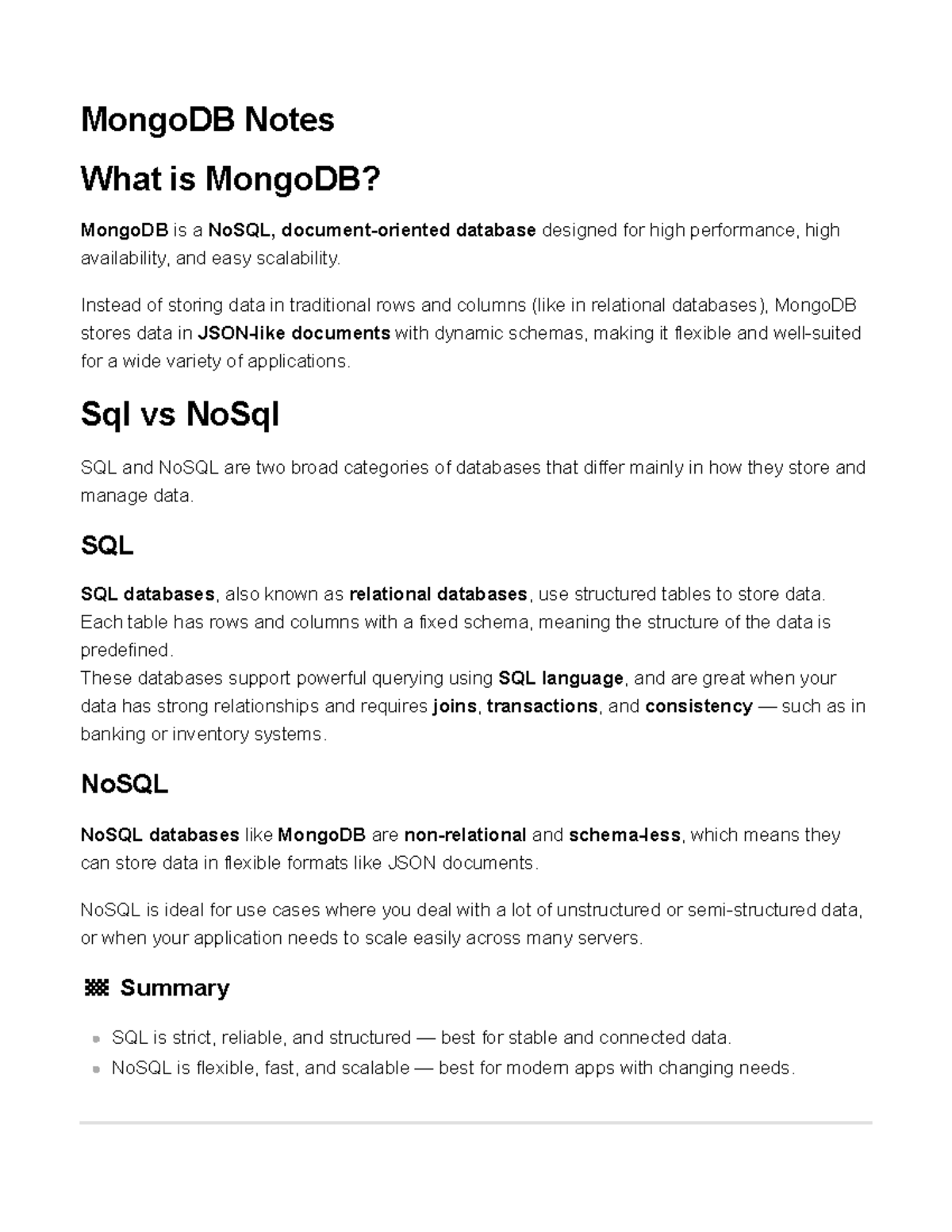 MongoDB Notes: Understanding NoSQL, JSON, and Database Concepts - Studocu