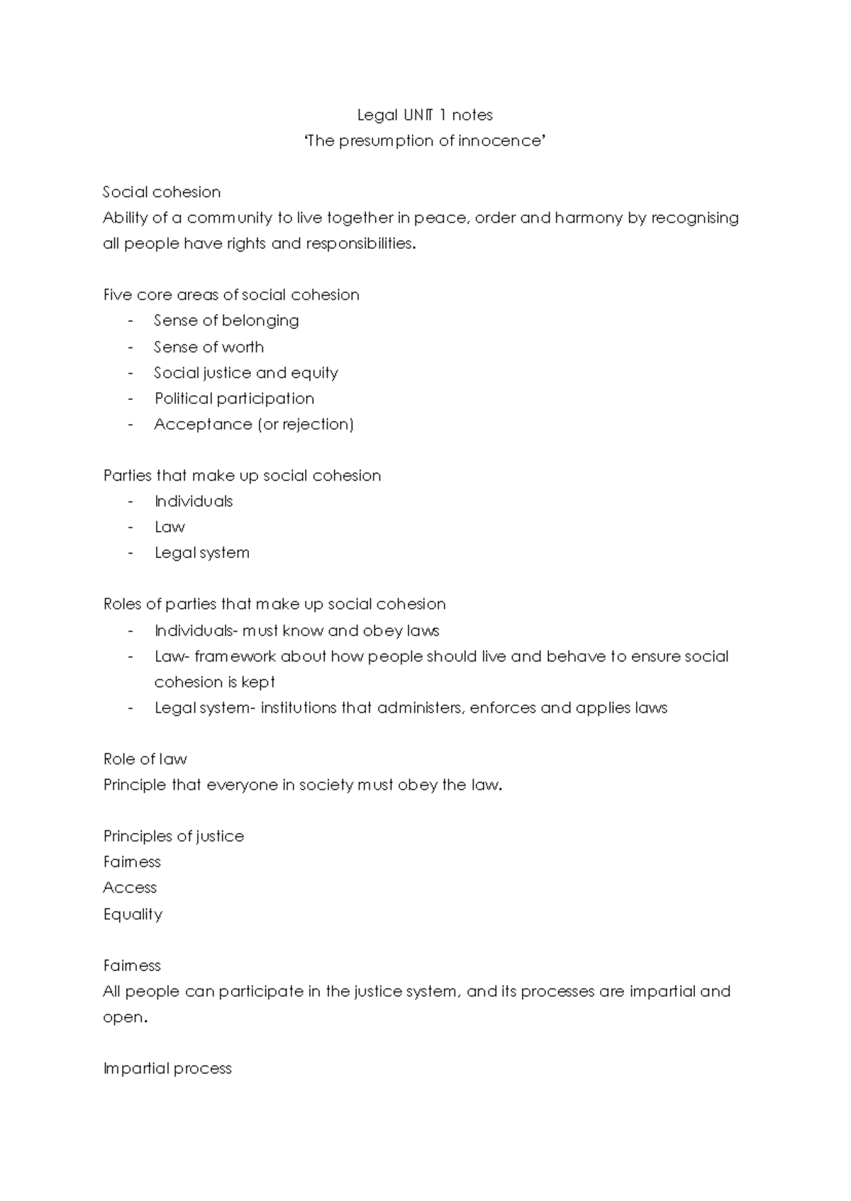 Legal AOS1 Notes: UNIT 1 - Social Cohesion & Legal Principles - Studocu