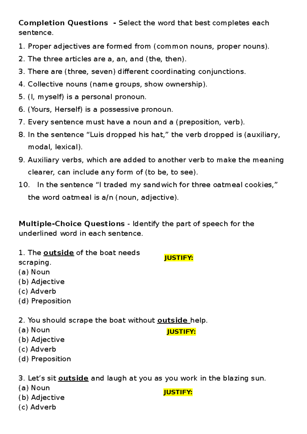 Revision Word Class Practice - ENG 101 Completion Questions - Studocu