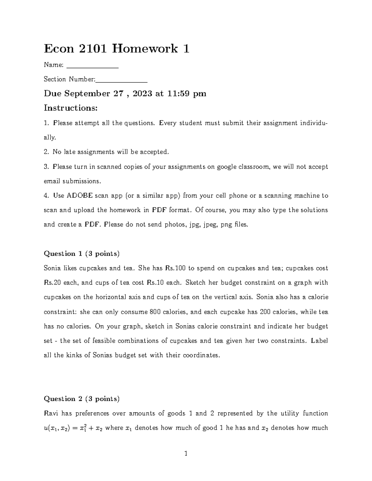 Econ 2101: Homework 1 - Budget Constraints & Utility Functions - Studocu