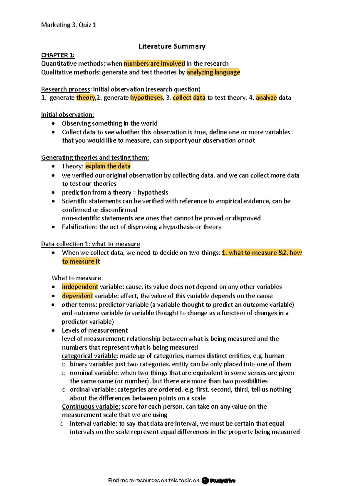 Marketing 3, Quiz 1 Summary: Quantitative & Qualitative Methods - Studocu
