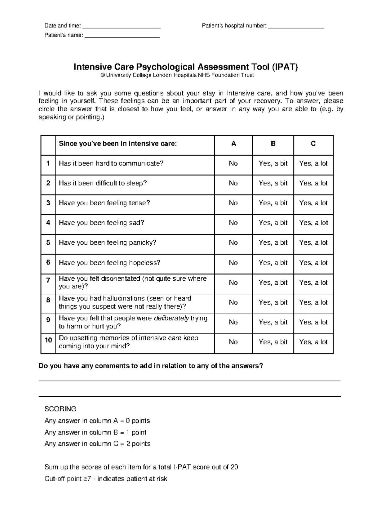 IPAT for ICU Patients: Psychological Assessment Tool Guide - Studocu