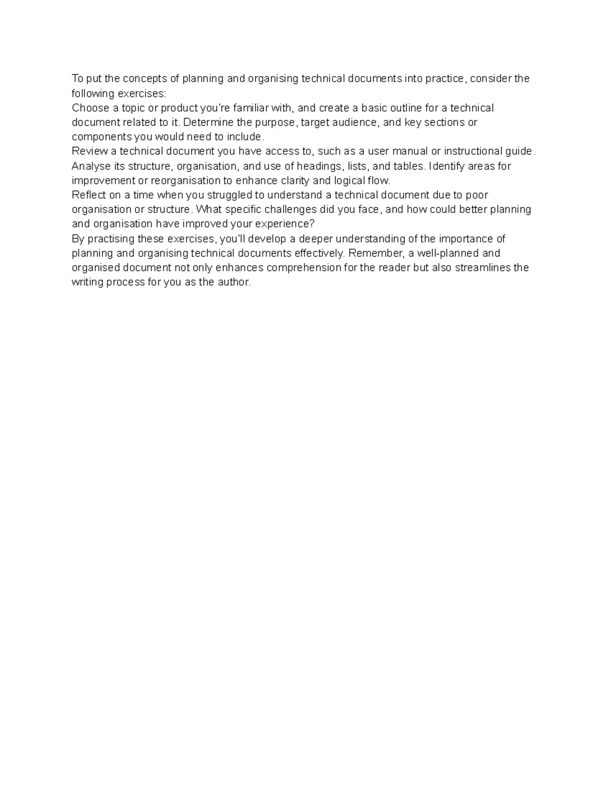 Practical Exercises for Planning & Organising Technical Docs - Studocu