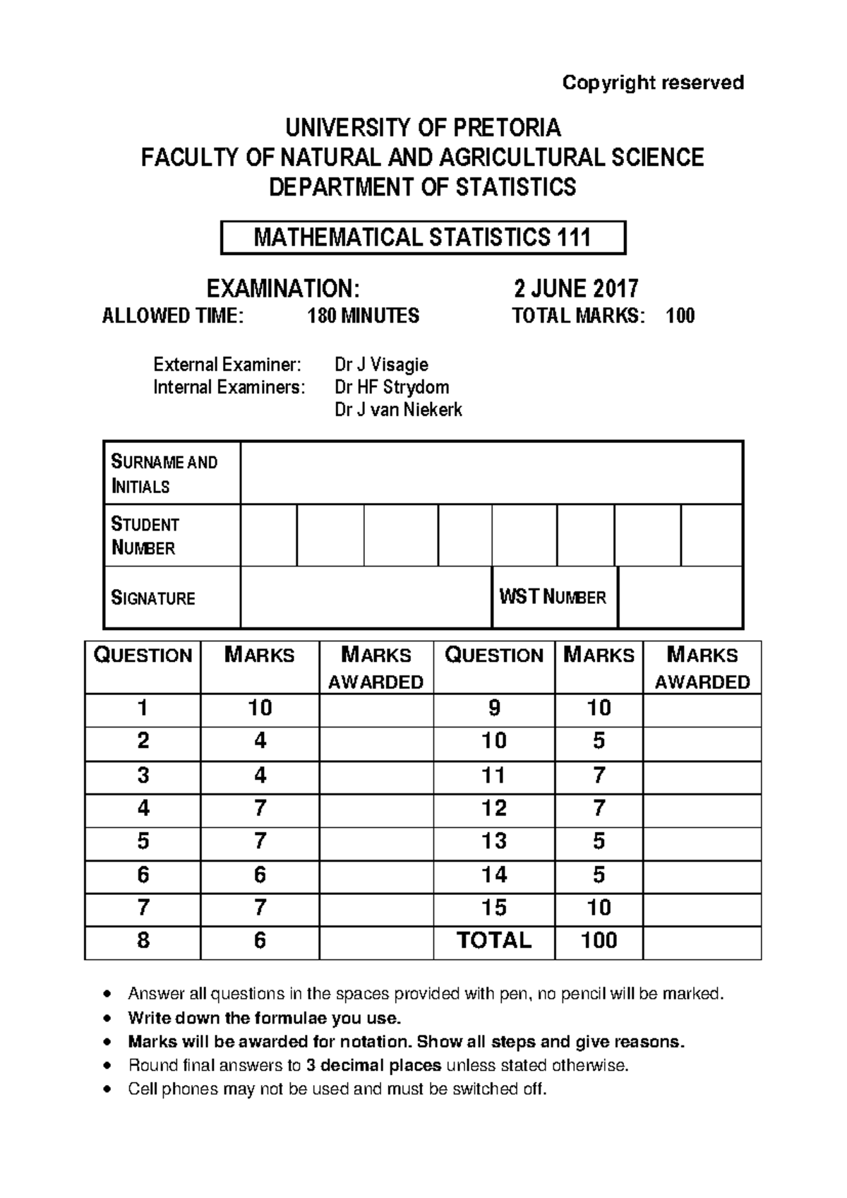 WST111 Final Exam 2017: Mathematical Statistics Instructions and ...
