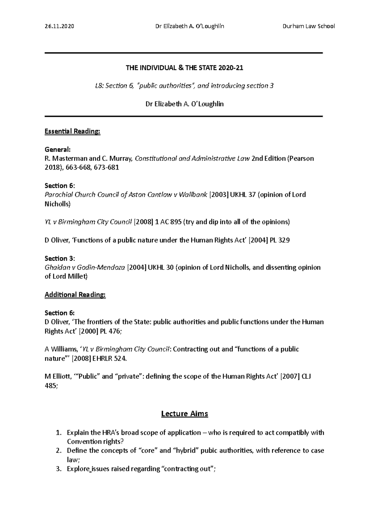 Lecture 8 - Human Rights Act Sections 3 & 6: Notes and Case Summaries ...