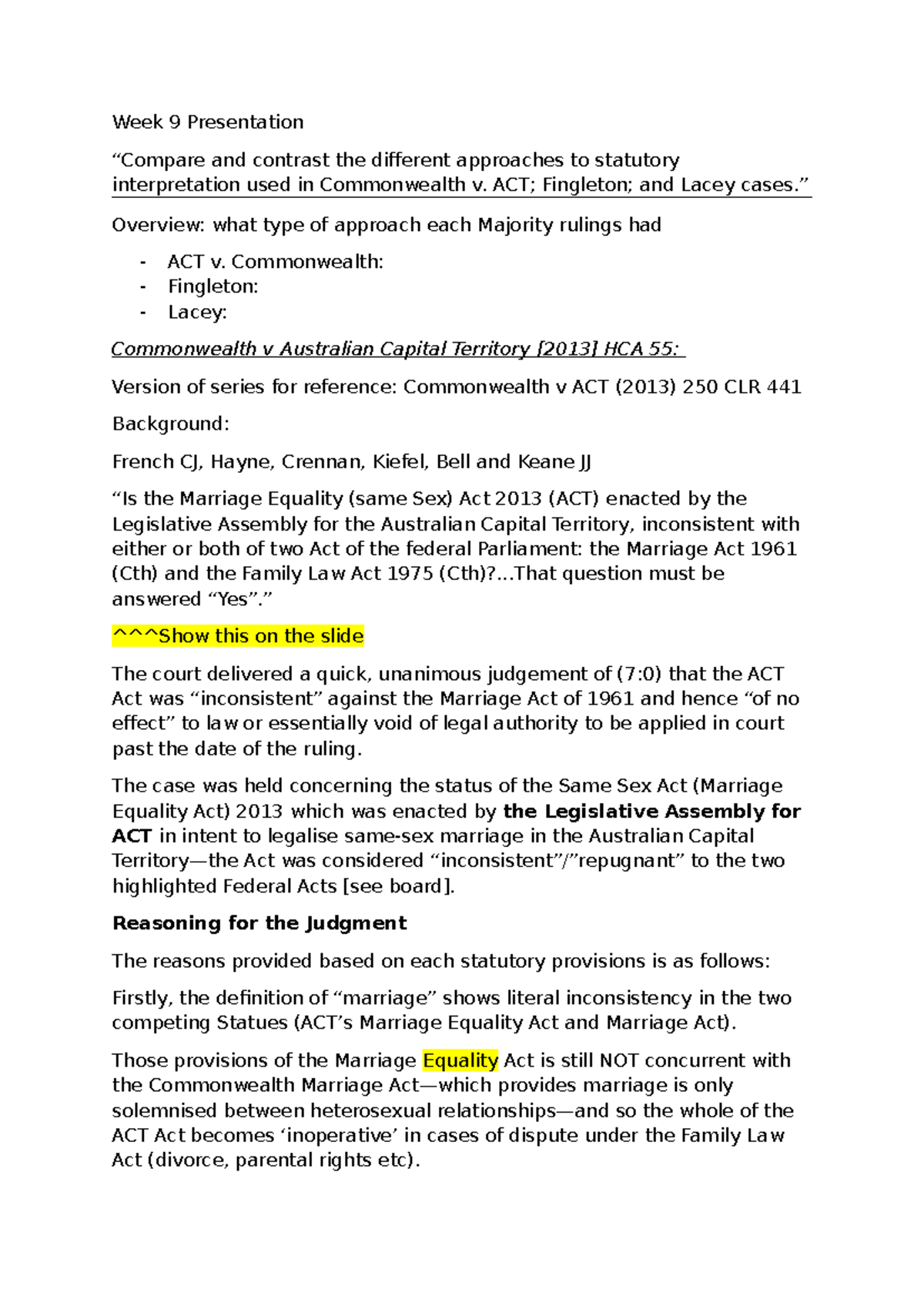 LAW101: In-Class Assessment Notes on Statutory Interpretation in Key ...