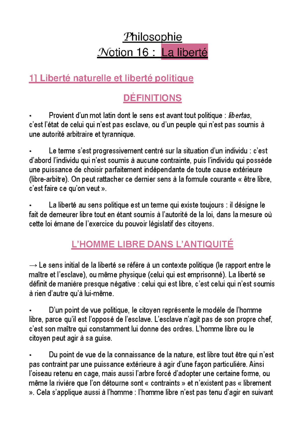 PHI101 - Fiche de Révision sur la Notion de Liberté en Philosophie ...