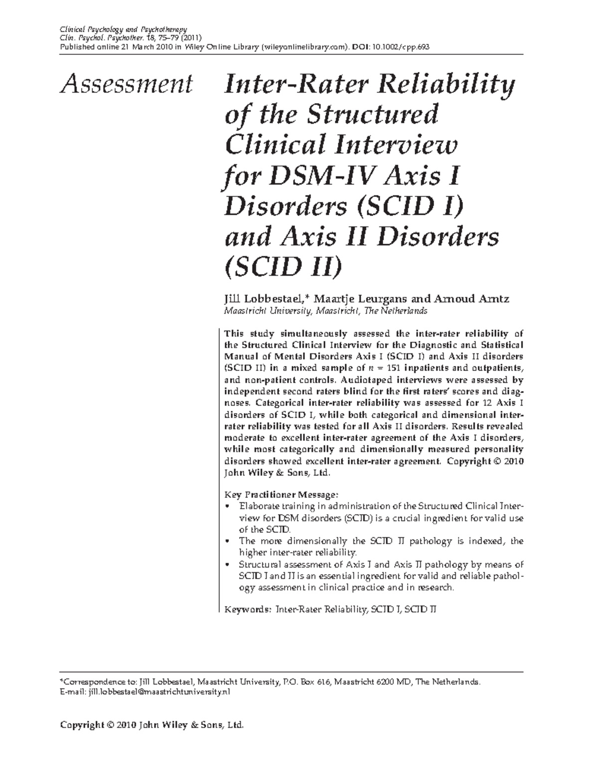 Reliability Assessment of SCID I & II in Clinical Psychology (IR 1 ...