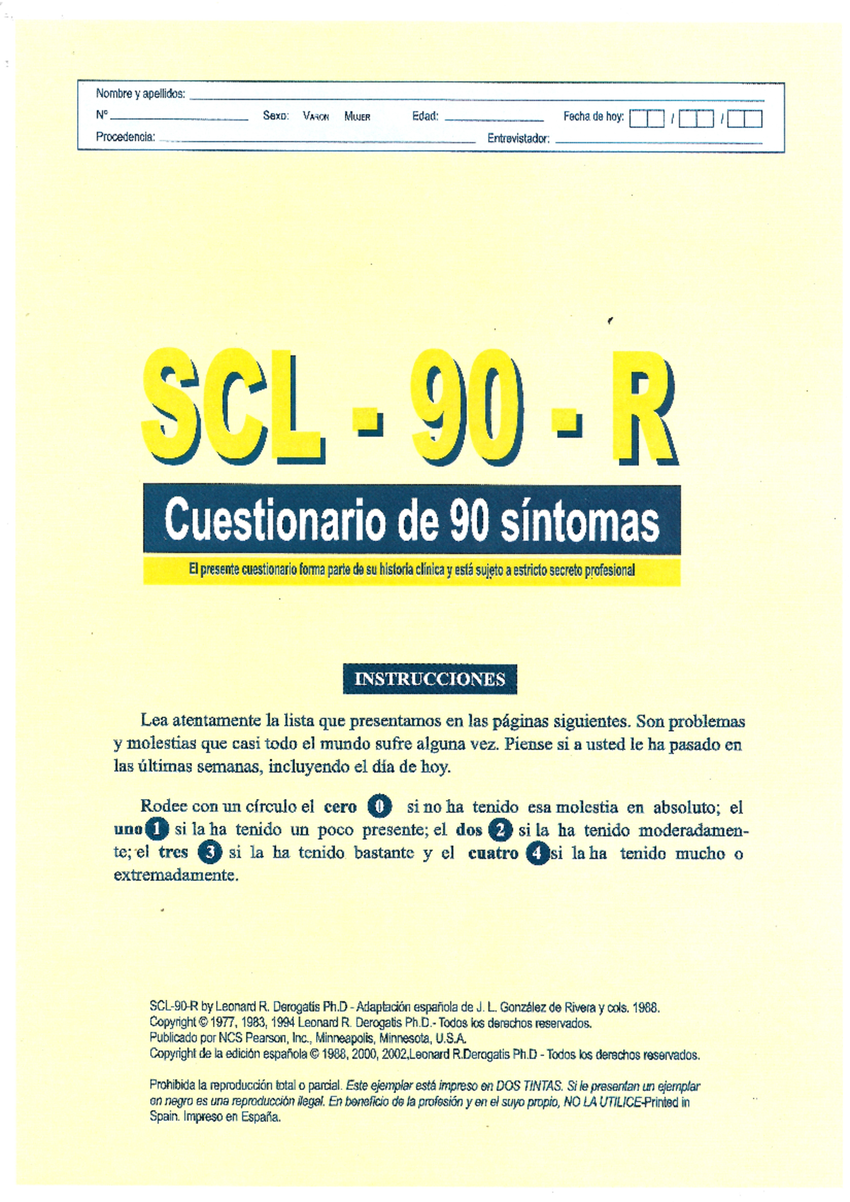 SCL-90-R - Cuestionario de Síntomas y Puntuaciones Clínicas - Document Preview