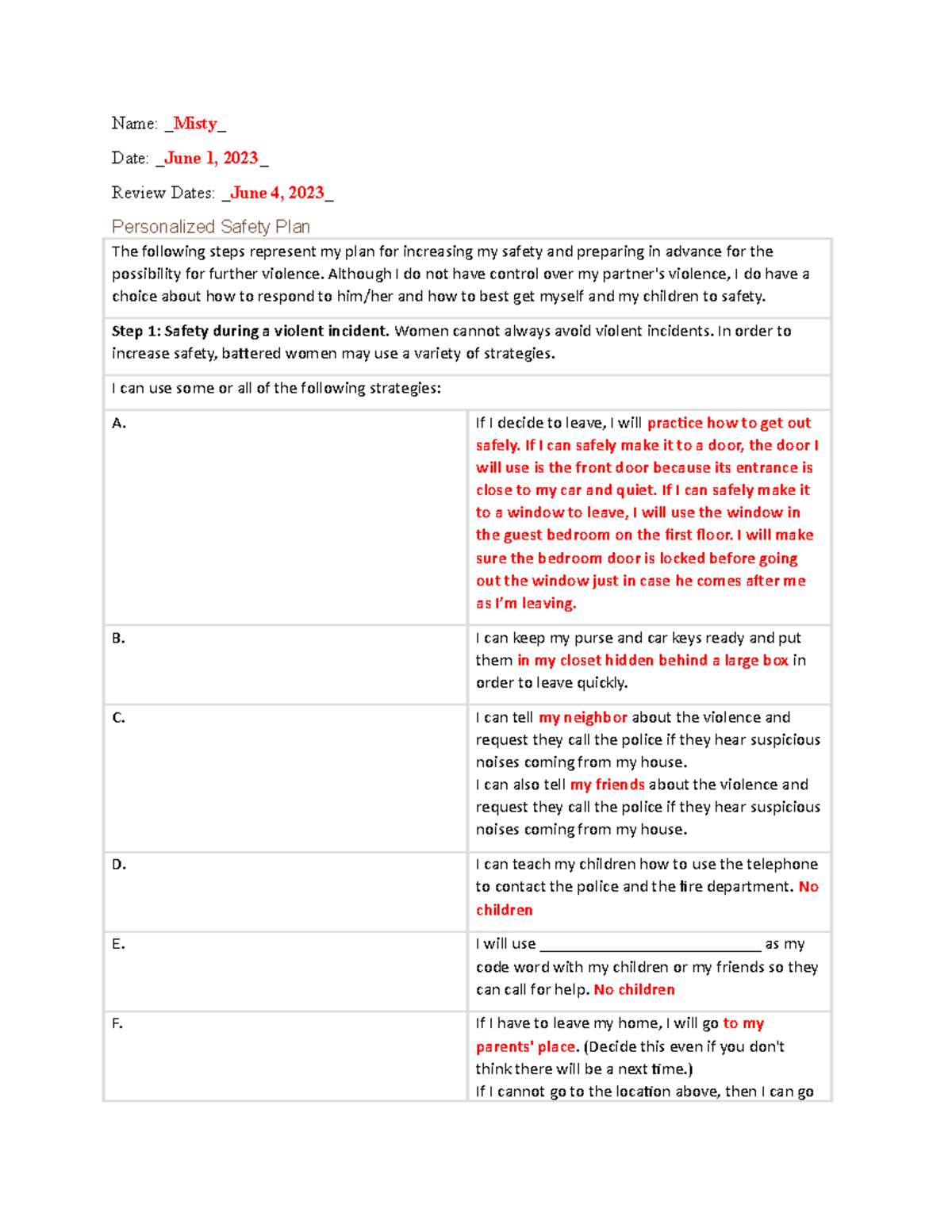 BHS-440 Personalized Safety Planning Guide for Domestic Violence - Studocu