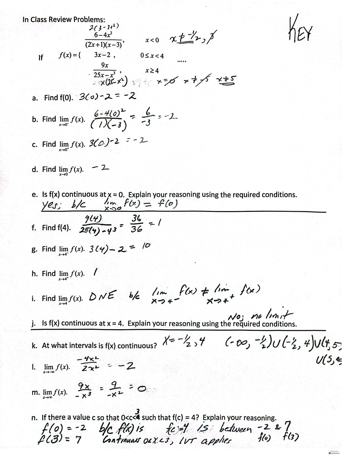 AP Calculus AB Unit 1 In-Class Review Problems: Key Solutions - Studocu