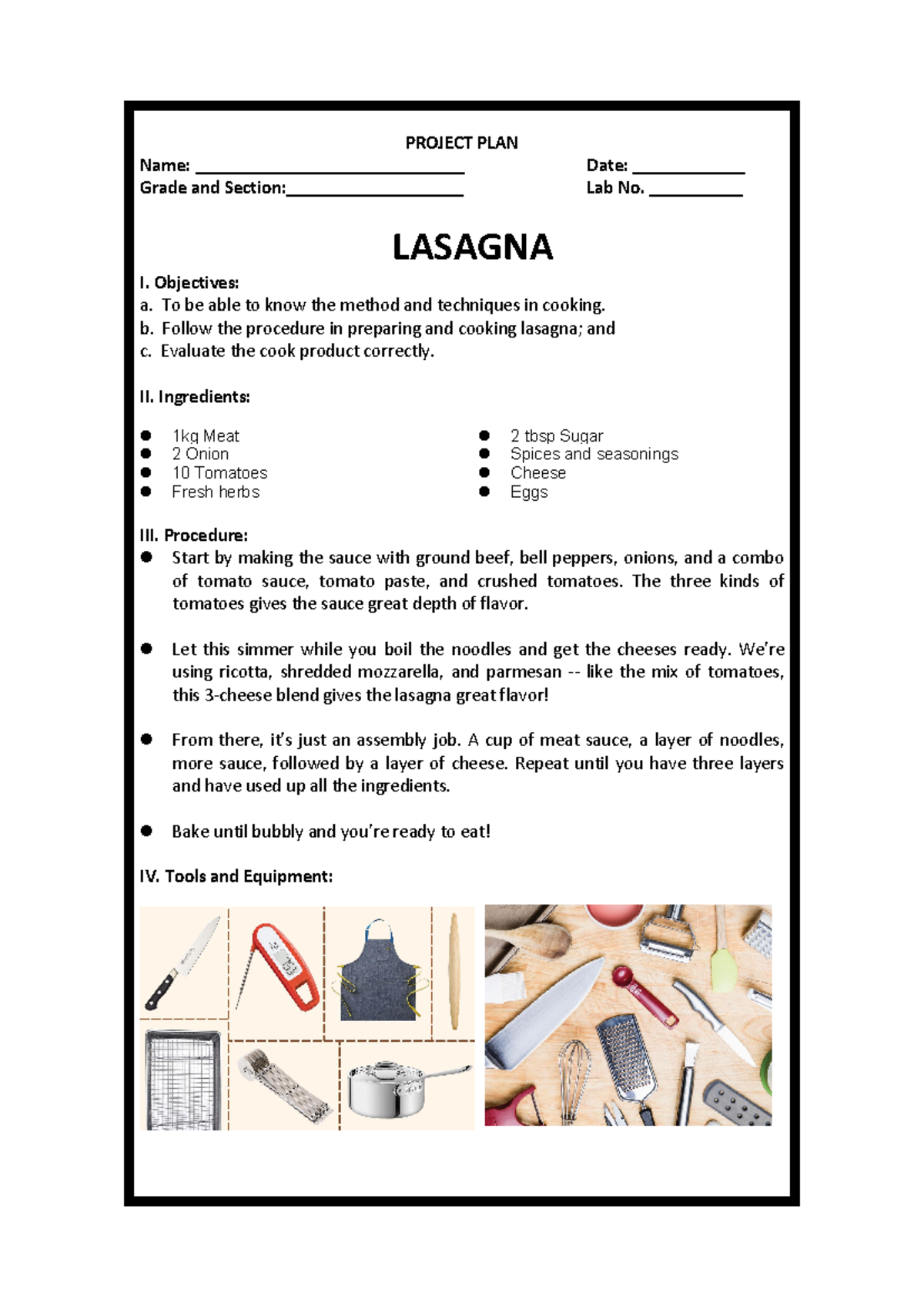 Project Plan: Lasagna Preparation and Cooking Techniques - Studocu