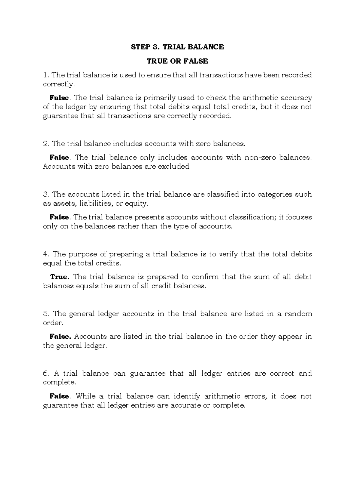 ACCT 101 Trial Balance MC Questions - True or False Analysis - Studocu