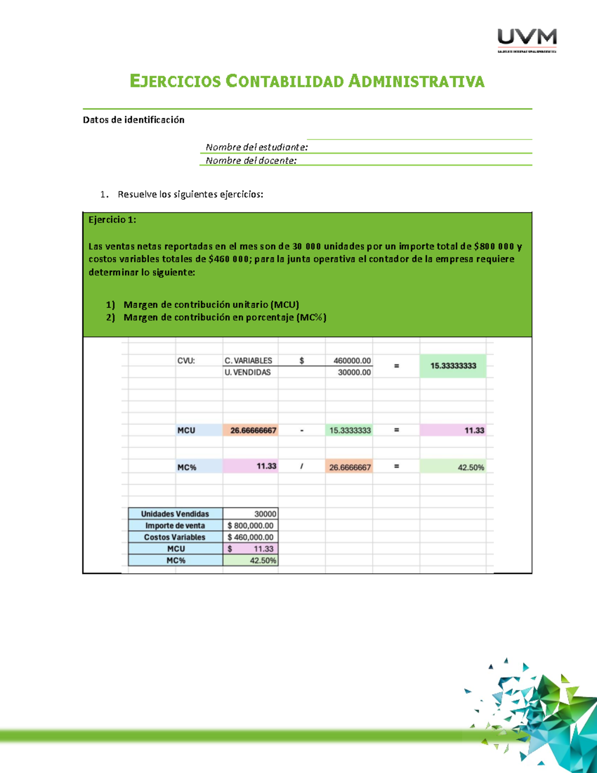 Ejercicios de Contabilidad Administrativa A5: Margen de Contribución ...