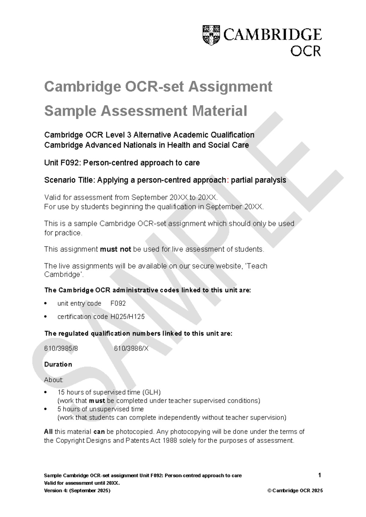 Cambridge OCR Level 3 Health & Social Care Unit F092: Person-Centred ...