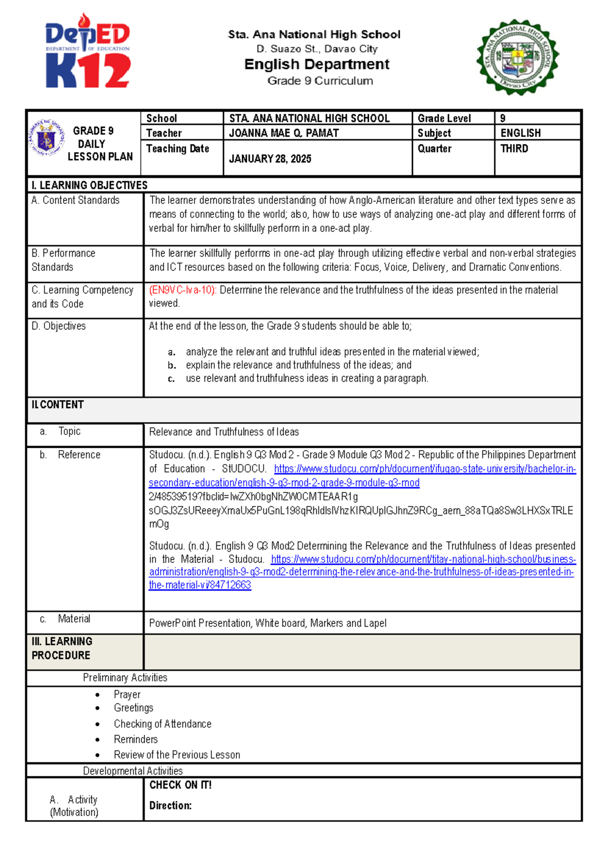 JO LP FOR 2ND DEMO - Academic use - GRADE 9 DAILY LESSON PLAN School ...