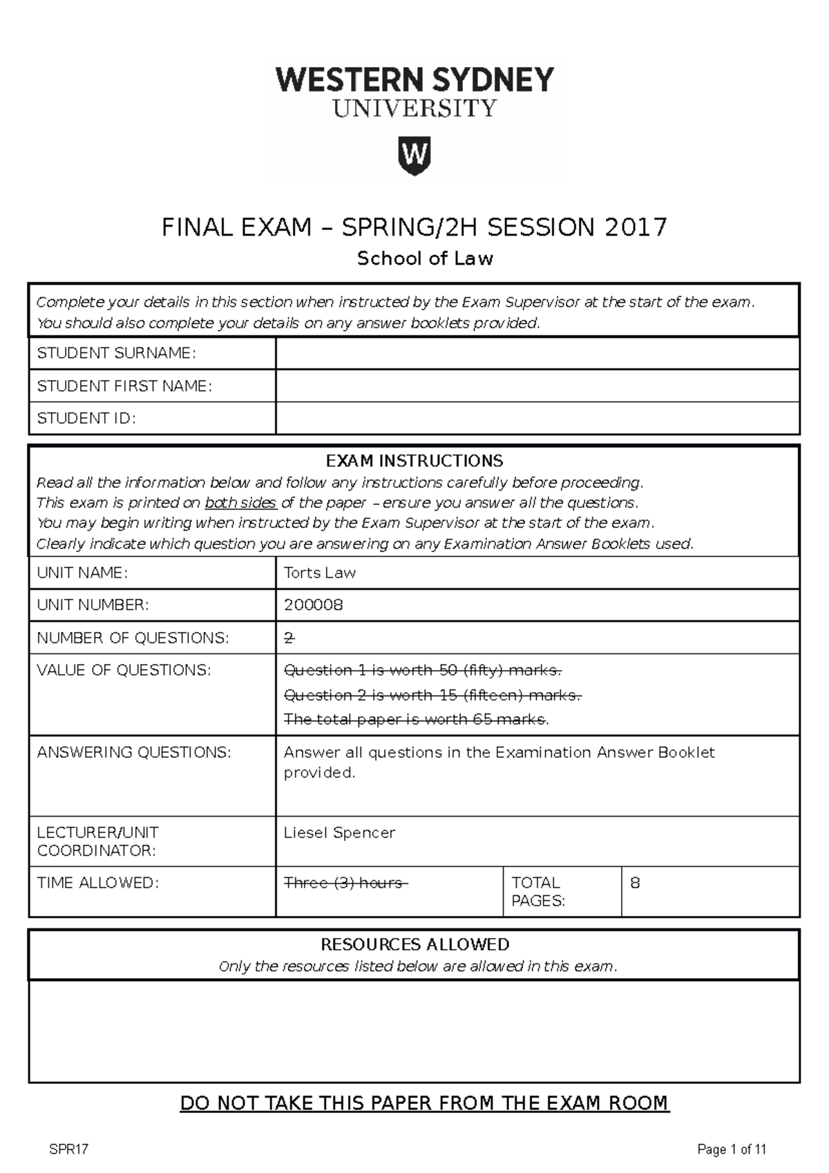 Sample Answers for Torts Law (200008) Final Exam – Spring 2017 - Studocu