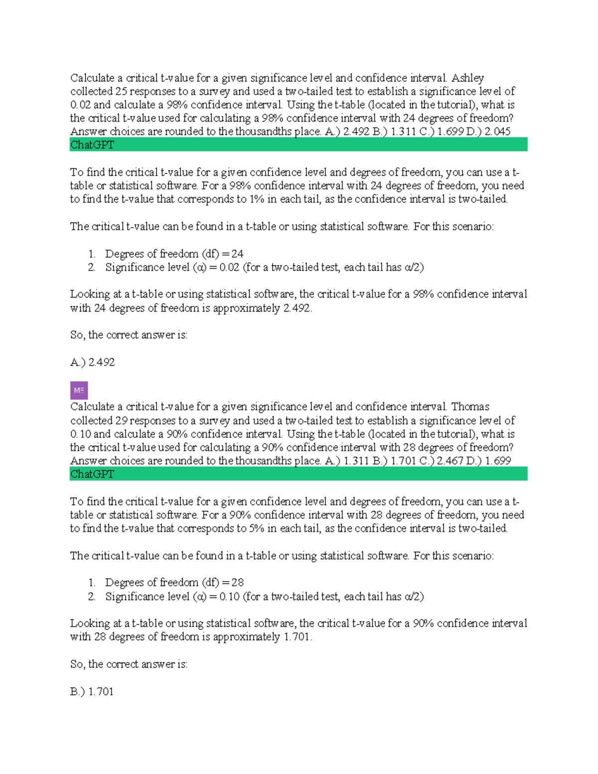 Calculating Critical TValues for Different Confidence Intervals Studocu