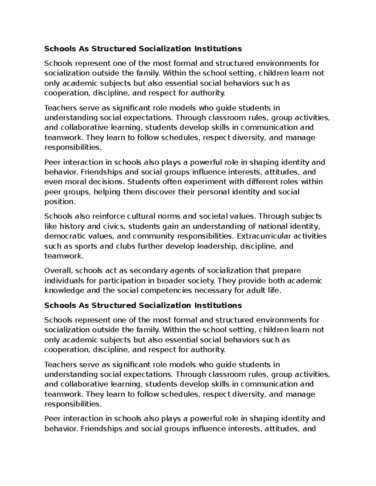 SOC 101: Schools as Structured Socialization Institutions - Studocu
