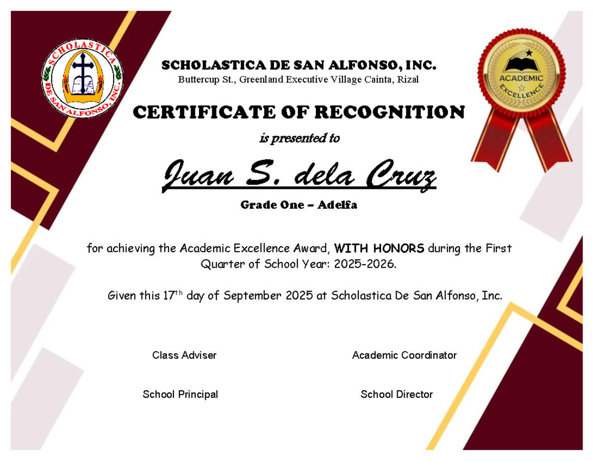 Certificate Honors - Template - General Content - SCHOLASTICA DE SAN ...