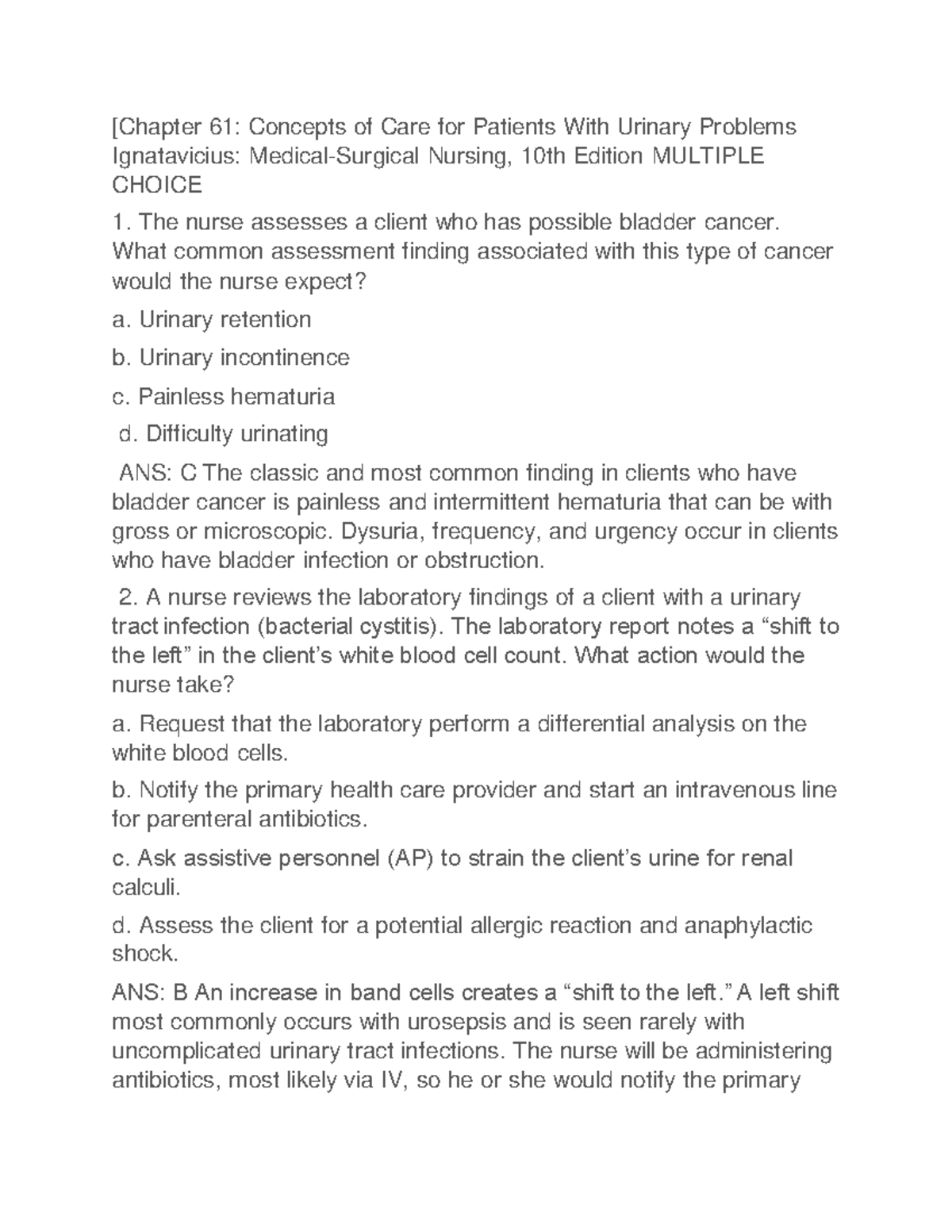 Med Surg Ch61 Study Guide: Urinary Problems Concepts & Care - Studocu