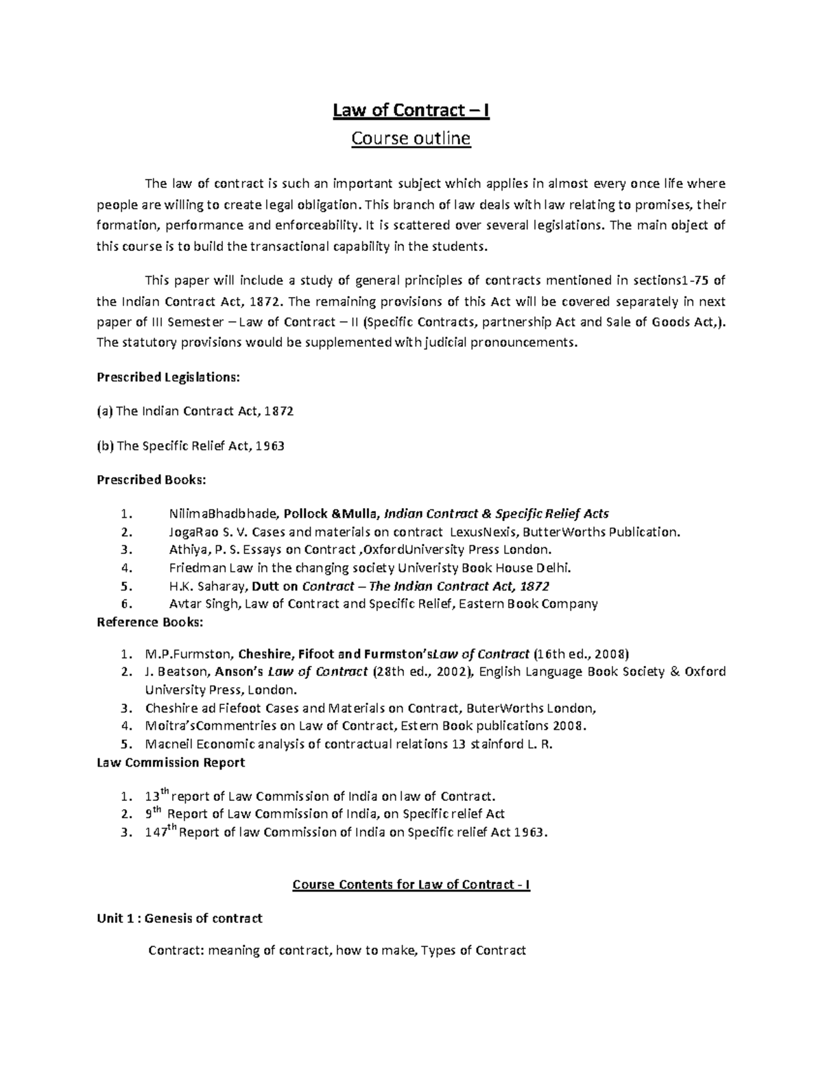 Law of Contract I: Course Outline and Key Concepts (Sem-I&II) - Studocu