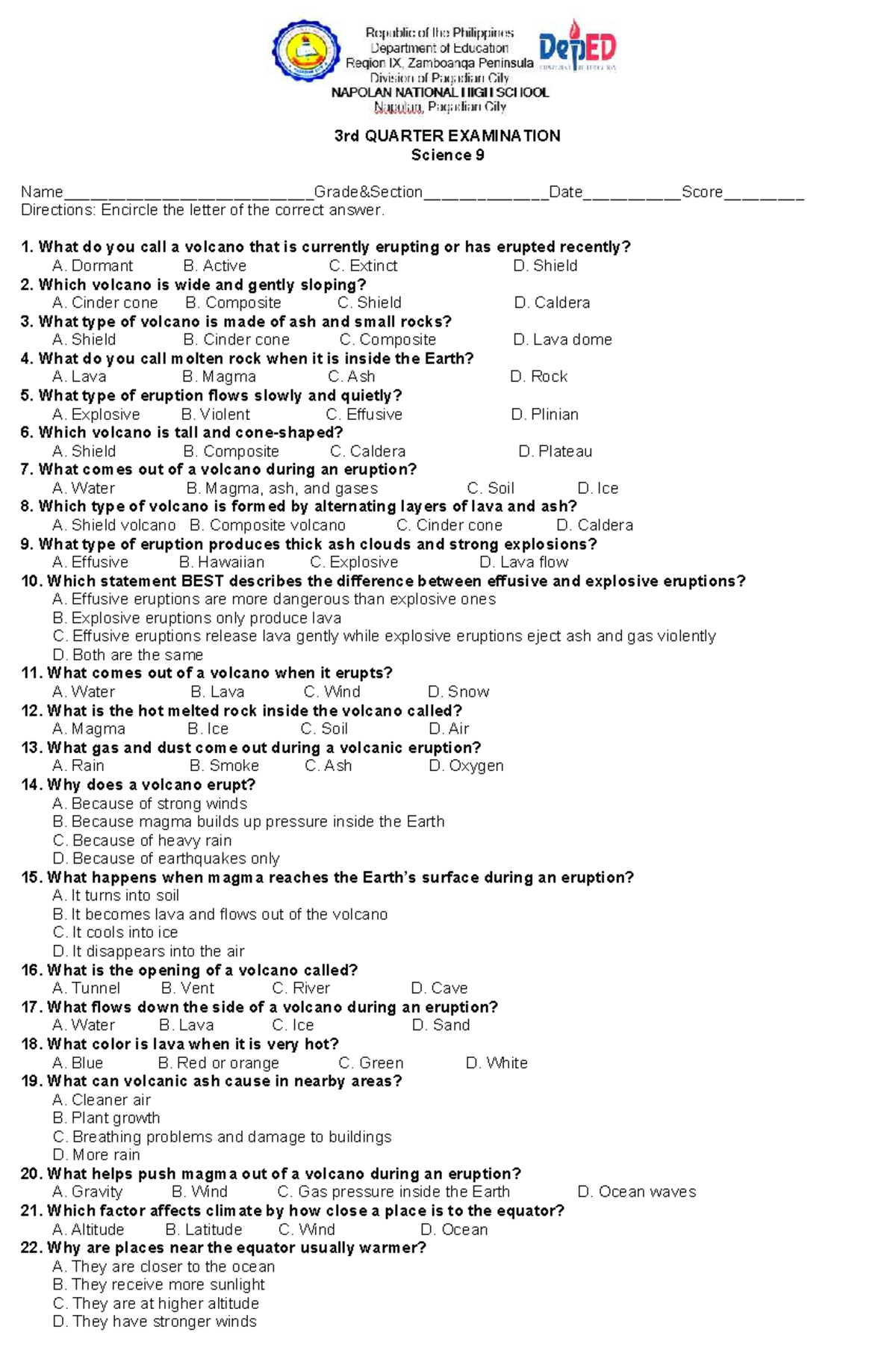 Science 9: 3rd Quarter Exam Review on Volcanoes and Climate - Studocu