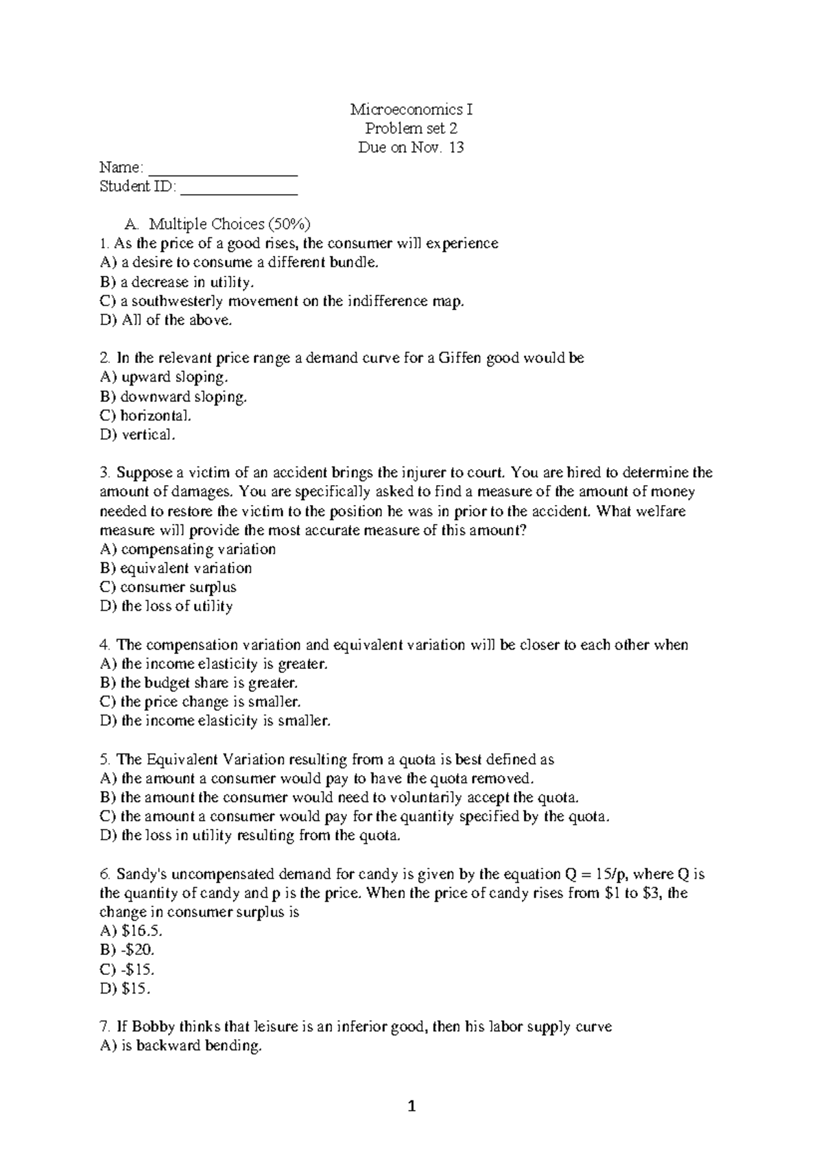 Problem set 2 - assignment - Microeconomics I Problem set 2 Due on Nov ...