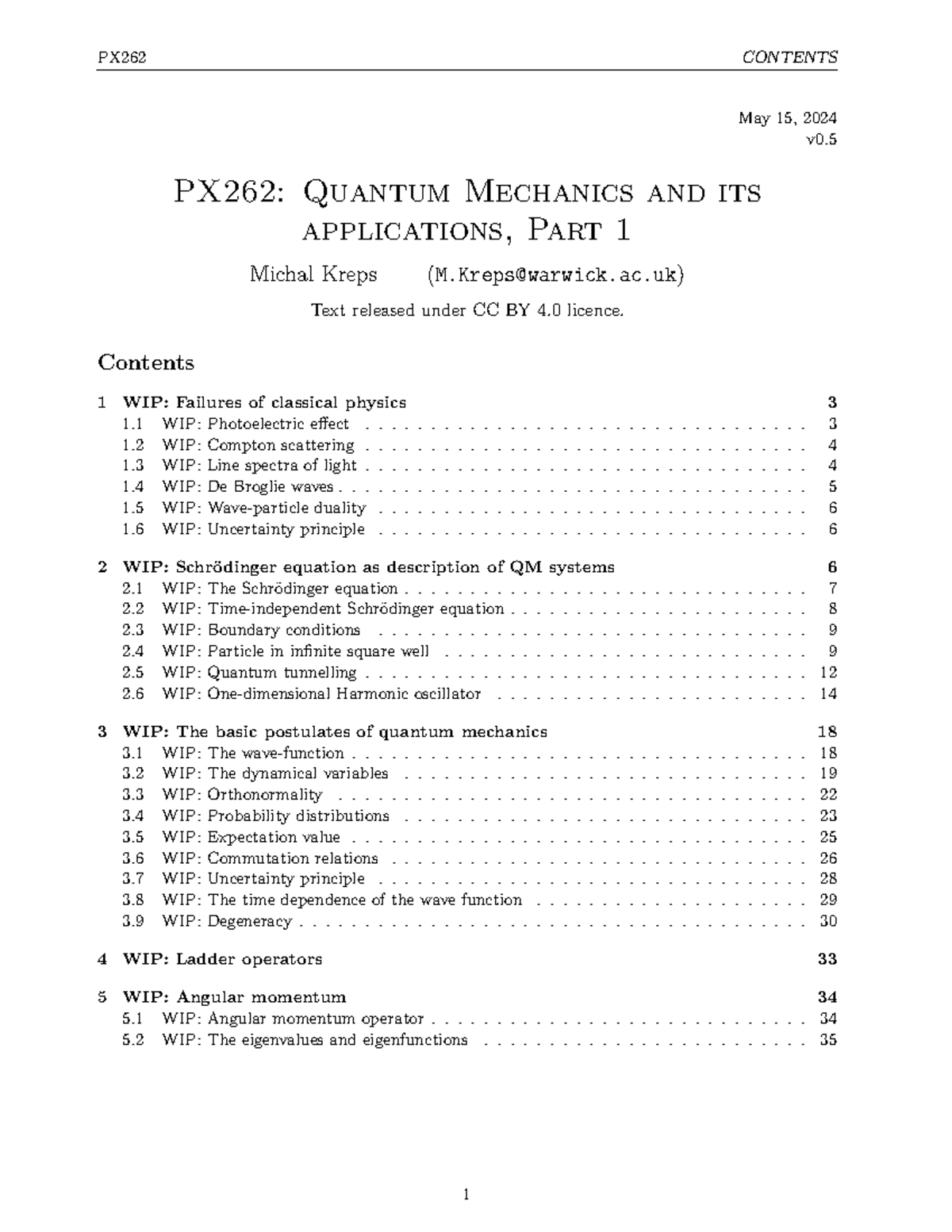 PX262: Quantum Mechanics Lecture Notes - May 15, 2024 - Studocu