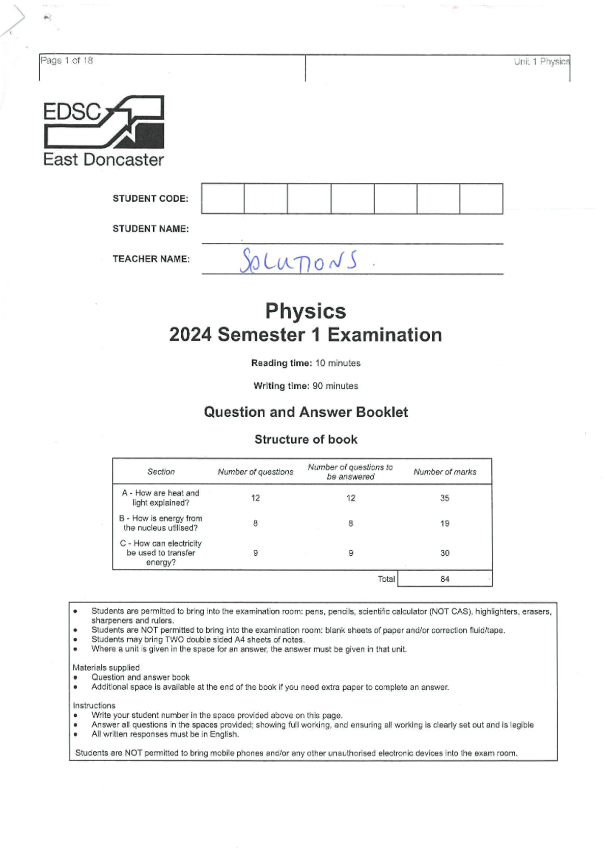 UNIT 1 EXAM Solutions - it is the unit 1 phyiscs exam - Page 1 of 18 ...